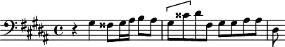
\version "2.18.2"
\header {
  tagline = ##f
}

\score {
  \new Staff \with {

  }
<<
  \relative c' {
    \clef bass 
    \key gis \minor
    \time 4/4

     %% SUJET fugue CBT I-18, BWV 863, sol-dièse mineur
      r4 gis4 fisis8 gis16 ais b8 ais \[ gis cisis \] dis fis, gis gis ais ais dis,

  }
>>
  \layout {
     \context { \Score \remove "Metronome_mark_engraver" 
     %\override SpacingSpanner.common-shortest-duration = #(ly:make-moment 1/2) 
}
  }
  \midi {} 
}
