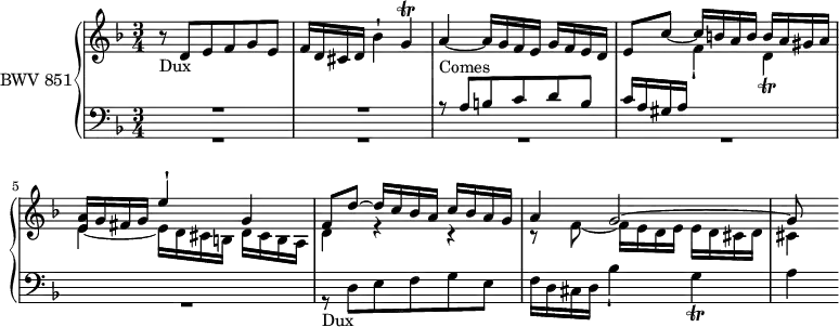 \version "2.18.2"
\header {
tagline = ##f
}
Trillgq = { \tag #'print { g4\trill } \tag #'midi { \repeat unfold 3 { a32 g~ } g16 } }
Trilldq = { \tag #'print { d4_\trill } \tag #'midi { \repeat unfold 3 { e32 d~ } d16 } }
Dux = { r8_\markup{Dux} d8 e f g e f16 d cis d bes'4-! \Trillgq a4~ }
Comes = { r8^\markup{Comes} a8 b c d b c16 a gis a \stemDown \change Staff = "upper" f'4_! \Trilldq e4~ }
upper = \relative c' {
\clef treble
\key d \minor
\time 3/4
\tempo 4 = 72
\set Staff.midiInstrument = #"harpsichord"
%% FUGUE CBT I-6, BWV 851, ré mineur
\Dux a16 g f e g f e d e8 c'~ c16 \stemUp b a b b a gis a |
<< { a g fis g e'4-! g, f8 d'~ d16 c bes a c bes a g | a4 g2~ g8 } \\ { e4~ e16 d cis b d cis b a d4 r4 r4 r8 f8~ f16 e d e e d cis d cis4 } >>
}
lower = \relative c' {
\clef bass
\key d \minor
\time 3/4
\set Staff.midiInstrument = #"harpsichord"
<< { R2.*2 \Comes } \\ { R2.*5 \relative c \Dux } >>
}
thePianoStaff = \new PianoStaff <<
\set PianoStaff.instrumentName = #"BWV 851"
\new Staff = "upper" \upper
\new Staff = "lower" \lower
>>
\score {
\keepWithTag #'print \thePianoStaff
\layout {
\context {
\Score
\remove "Metronome_mark_engraver"
}
}
}
\score {
\keepWithTag #'midi \thePianoStaff
\midi { }
}