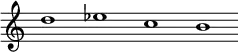 \version "2.18.2"
\header {
tagline = ##f
}
\new Staff {
\relative c'' {
\override Staff.TimeSignature #'stencil = ##f
\override Staff.BarLine #'stencil = ##f
d1 es c b
}
}
\midi {
\context {
\Score
tempoWholesPerMinute = #(ly:make-moment 60 1)
}
}