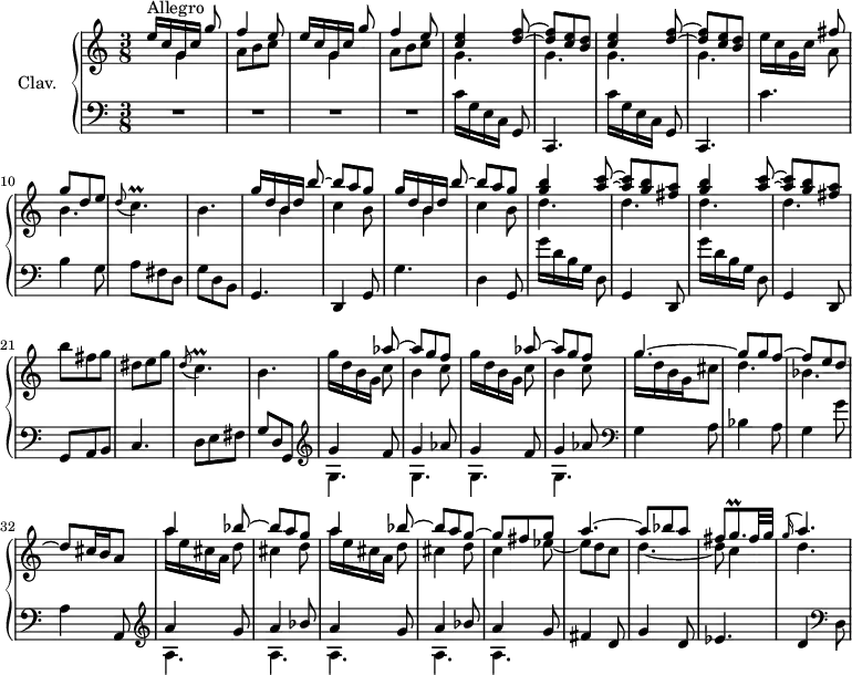 
\version "2.18.2"
\header {
  tagline = ##f
  % composer = "Domenico Scarlatti"
  % opus = "K. 327"
  % meter = "Allegro"
}

%% les petites notes
trillCp      = { \tag #'print { c4.\prall } \tag #'midi { d32 c d c~ c4 } }
trillGqp     = { \tag #'print { g8.\prall } \tag #'midi { a32 g a g } }

upper = \relative c'' {
  \clef treble 
  \key c \major
  \time 3/8
  \tempo 4. = 72
  \set Staff.midiInstrument = #"harpsichord"
  \override TupletBracket.bracket-visibility = ##f

      s8*0^\markup{Allegro}
      \repeat unfold 2 { << { e16[ c g c] g'8 | f4 e8 } \\ { s8 g,4 | a8 b c } >> } | \repeat unfold 2 { << { < c e >4 < d f >8~ | q < c e >8 < b d > } \\ { g4. g } >> }
      % ms. 9
      e'16 c g c << { fis8 | g d e } \\ { a,8 | b4. } >> | \appoggiatura d8 \trillCp | b4. |
      % ms. 13
      \repeat unfold 2 { << { g'16[ d b d] b'8~ | b a g } \\ { s8 b,4 | c4 b8 } >> } | \repeat unfold 2 { << { < g' b >4 < a c >8~ | q < g b >8 < fis a > } \\ { d4. d } >> } 
      % ms. 21
      b'8 fis g | dis e g | \acciaccatura d8 \trillCp | b4. |
      % ms. 25
      \repeat unfold 2 { g'16 d b g << { aes'8~ | aes g f } \\ { c8 | b4 c8 } >> } << { \mergeDifferentlyDottedOn g'4.~ | g8 g f~ | f e d~ | d cis16 b a8 } \\ { g'16 d b g cis8 | d4. bes  } >>
      % ms. 33
       << { \repeat unfold 2 { a'4 bes8~ | bes a g~ } | g8 fis g | a4.~ | a8 bes a | fis \trillGqp fis32 g } \\ { \repeat unfold 2 { a16[ e cis a] d8 | cis4 d8 } | c4 ees8~ ees d c | d4.~ | d8 c4 } >>
      % ms. 41
      << { \appoggiatura g'16 a4. } \\ { d,4. } >>

}

lower = \relative c' {
  \clef bass
  \key c \major
  \time 3/8
  \set Staff.midiInstrument = #"harpsichord"
  \override TupletBracket.bracket-visibility = ##f

    % ************************************** \appoggiatura a16  \repeat unfold 2 {  } \times 2/3 { }   \omit TupletNumber 
      R4.*4 | \repeat unfold 2 { c16[ g e c] g8 | c,4. } |
      % ms. 9
      c''4. | b4 g8 | a fis d | g d b | 
      % ms. 13
      g4. | d4 g8 | g'4. | d4 g,8 | \repeat unfold 2 { g''16[ d b g] d8 | g,4 d8 } |
      % ms. 21
      g8 a b | c4. | d8 e fis | g d g, | \repeat unfold 2 { \clef treble << { g''4 f8 | g4 aes8 } \\ { g,4. g } >> } |   \clef bass
      % ms. 29
      g4 a8 | bes4 a8 | g4 g'8 | a,4 a,8 |
      % ms. 33
      \repeat unfold 2 { \clef treble << { a''4 g8 | a4 bes8 } \\ { a,4. a } >> } | << { a'4 g8 } \\ { a,4. } >> fis'4 d8 |
      % ms. 39
      g4 d8 | ees4. | d4   \clef bass d,8

}

thePianoStaff = \new PianoStaff <<
    \set PianoStaff.instrumentName = #"Clav."
    \new Staff = "upper" \upper
    \new Staff = "lower" \lower
  >>

\score {
  \keepWithTag #'print \thePianoStaff
  \layout {
      #(layout-set-staff-size 17)
    \context {
      \Score
     \override SpacingSpanner.common-shortest-duration = #(ly:make-moment 1/2)
      \remove "Metronome_mark_engraver"
    }
  }
}

\score {
  \keepWithTag #'midi \thePianoStaff
  \midi { }
}
