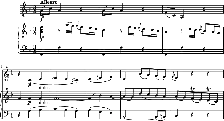 \version "2.18.2"
\header {
tagline = ##f
}
upper = \relative c'' {
\key f \major
\time 3/4
\tempo 4 = 140
<a c f>4\f r8 a'16 (g) \grace g16 (f8) e16 d
c4 r8 f16 e \grace e16 (d8) c16 bes
a4 r8 d16 c \grace c16 (bes8) a16 g
f4 f\p f _\markup {dolce} f2. ~ f4 (bes)
a ~ a8 (g) d' (c bes a)
a (g) f\trill (e) d\trill (c)
}
lower = \relative c {
\clef bass
\key f \major
\time 3/4
f,4 f' r f,4 f' r f,4 f' r
r a (bes c bes a)
bes (g f)
bes,2 ~ bes8 (b)
c4 r r
}
vl = \relative c'' {
\key f \major
\time 3/4
a8\f ^ \markup {\bold {"Allegro"} } (c) a4 r
a8 (c) a4 r
f8 (c) a4 r
r c\p (d_\markup {dolce} ees d cis)
d (e! f)
d bes'8 (a) g (f)
\grace f8 (e4) r r
}
\score {
\new GrandStaff <<
\new PianoStaff <<
\new Staff = "upper" \upper
\new Staff = "lower" \lower
>>
\new Staff = "vl" \vl
>>
\layout {
\context {
\Score
\remove "Metronome_mark_engraver"
}
}
\midi { }
}