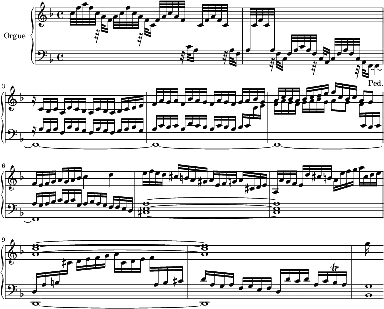 \version "2.18.2"
\header {
  tagline=##f
  % composer="Johann Pachelbel"
  % opus=""
  % meter=""
}
%% les petites notes
trillBesqq   ={ \tag #'print { bes16\trill } \tag #'midi { \times 2/3 { bes32 a bes } } }
upper=\relative c'' {
  \clef treble 
  \key f \major
  \time 4/4
  \tempo 4=78
  \set Staff.midiInstrument=#"church organ"
  \override TupletBracket.bracket-visibility=##f
      c32 f a f c s32 s16 a32 c f c a s32 s16 f32 a c a f s32 s16 c32 f a f c s32 s16| \stemUp  \change Staff="lower" a32  \change Staff="upper"  c f c \stemUp  \change Staff="lower"   a s32 s16 f32 a c a f s32 s16 c32 f a f c s32 s16 s4|\stemNeutral  \change Staff="upper" 
      % ms. 3
      r16 c'16 bes c a d c bes a c bes a bes c d e|f a g a f bes a g f a g f g a bes g|\stemUp a c bes a bes c d e f c bes c a8 g \stemNeutral|
      % ms. 6
      f16 e f g a g a bes c4 d|e16 f e d cis b a gis a e f g a cis, d e|a, a' g f e d' cis b a e' f g a cis, d e|
      % ms. 9
      < a, d f >1^~ q|g'16
}
lower=\relative c' {
  \clef bass
  \key f \major
  \time 4/4
  \set Staff.midiInstrument=#"church organ"
  \override TupletBracket.bracket-visibility=##f
    % ************************************** 
      \stemDown \change Staff="upper"  s8 r32 a'32 f16 s8 r32 f32 c16 \stemNeutral \change Staff="lower" s8 r32 c32 a16 s8 r32 a32 f16|s8 r32  f32 c16 s8 r32 c32 a16 
      % ms. fin 2…
      << { s2 r16 a'16 g a  f bes a g  f a g f  g a bes g|a c bes c a d c bes a  c bes a bes c \stemDown \change Staff="upper" d16 e|f a g f g a bes g a8 g f16 \stemUp \change Staff="lower" c16 bes c|
      %. ms. 6
      a16 g a bes c bes c g a bes a g f f e d }
      \\ { s8 r32 a32 f16~_\markup{Ped.} f4~|f1~ f~ f~ f~ } >>
      % ms. 7
      < cis' e a >1~ q 
      % ms. 9
      << { d16 a' b \stemDown \change Staff="upper" cis d e f g a cis, d e f \stemUp \change Staff="lower" a,16 b cis|d a g a f g e f d d' c d a c \trillBesqq a16 } \\ { d,,1~ d } >>|< bes' g' >1*1/8
}
thePianoStaff=\new PianoStaff <<
    \set PianoStaff.instrumentName=#"Orgue"
    \new Staff="upper" \upper
    \new Staff="lower" \lower
  >>
\score {
  \keepWithTag #'print \thePianoStaff
  \layout {
      #(layout-set-staff-size 17)
    \context {
      \Score
     \override SpacingSpanner.common-shortest-duration=#(ly:make-moment 1/2)
      \remove "Metronome_mark_engraver"
    }
  }
}
\score {
  \keepWithTag #'midi \thePianoStaff
  \midi { }
}
