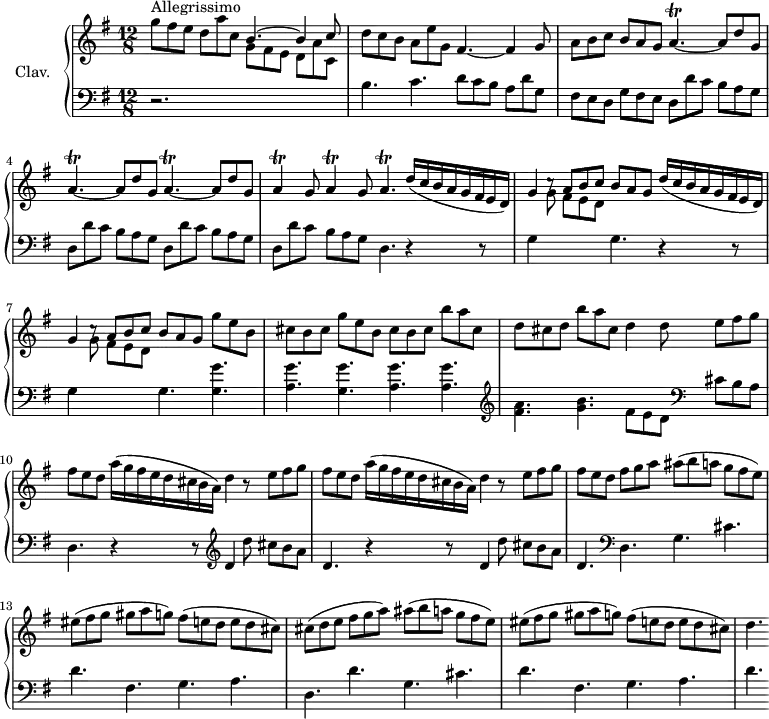 
\version "2.18.2"
\header {
  tagline = ##f
  % composer = "Domenico Scarlatti"
  % opus = "K. 103"
  % meter = "Allegrissimo"
}

%% les petites notes
trillAp     = { \tag #'print { a4.\trill~ } \tag #'midi { b32 a b a~ a4~ } }
trillA      = { \tag #'print { a4\trill } \tag #'midi { b32 a b a~ a8 } }

upper = \relative c'' {
  \clef treble 
  \key g \major
  \time 12/8
  \tempo 4. = 110
  \set Staff.midiInstrument = #"harpsichord"
  \override TupletBracket.bracket-visibility = ##f
  \omit TupletNumber

      s8*0^\markup{Allegrissimo}
      g'8 fis e d a' c, \stemUp b4.^~ b4 c8 \stemNeutral | d8 c b a e' g, fis4.~ fis4 g8 | a8 b c b a g \repeat unfold 3 { \trillAp a8 d g, } |
      % ms. 5
      \repeat unfold 2 { \trillA g8 } \trillAp \repeat unfold 2 { \times 6/8 { d16( c b a g fis e d) } | g4 c8\rest \stemUp a b c b a g } \stemNeutral g'8 e b 
      % ms. 8
      cis8 b cis g' e b  cis b cis b' a cis,  d cis d b' a cis,   d4 d8 \repeat unfold 2 { e fis g |
      % ms. 10
      fis8 e d \times 6/8 { a'16( g fis e d cis b a) } d4 r8 } e8 fis g | fis e d fis g a ais( b a g fis e) |
      % ms. 13
      eis8( fis g gis a g) fis( e d e d cis) | cis( d e fis g a) ais( b a g fis e) |  eis8( fis g gis a g) fis( e d e d cis) |
      % ms. 16
      d4.

}

lower = \relative c' {
  \clef bass
  \key g \major
  \time 12/8
  \set Staff.midiInstrument = #"harpsichord"
  \override TupletBracket.bracket-visibility = ##f

    % ************************************** \appoggiatura \repeat unfold 2 {  } \times 2/3 { }
      r2. \stemDown \change Staff = "upper" g'8 fis e d a' c, | \change Staff = "lower" b4. c d8 c b a d g, | fis e d g fis e \repeat unfold 4 { d d' c b a g } |
      % ms. 5
      d4. r4 r8 | g4 \stemDown \change Staff = "upper" g'8 fis e d \change Staff = "lower" g,4. r4 r8 |
      % ms. 7
       g4 \stemDown \change Staff = "upper" g'8 fis e d \change Staff = "lower" g,4. \repeat unfold 2 { < g g' >4. | < a g' > } < a g' >4. |   \clef treble  < fis' a >4. < g b > fis8 e d   \clef bass  cis b a | \stemNeutral
      % ms. 10
      d,4. \repeat unfold 2 { r4 r8  \clef treble   d'4 d'8 cis b a d,4. }    \clef bass d,4. g cis |
      % ms. 13
      d4. fis, g a | d, d' g, cis d | fis, g a | d

}

thePianoStaff = \new PianoStaff <<
    \set PianoStaff.instrumentName = #"Clav."
    \new Staff = "upper" \upper
    \new Staff = "lower" \lower
  >>

\score {
  \keepWithTag #'print \thePianoStaff
  \layout {
      #(layout-set-staff-size 17)
    \context {
      \Score
     \override SpacingSpanner.common-shortest-duration = #(ly:make-moment 1/2)
      \remove "Metronome_mark_engraver"
    }
  }
}

\score {
  \keepWithTag #'midi \thePianoStaff
  \midi { }
}
