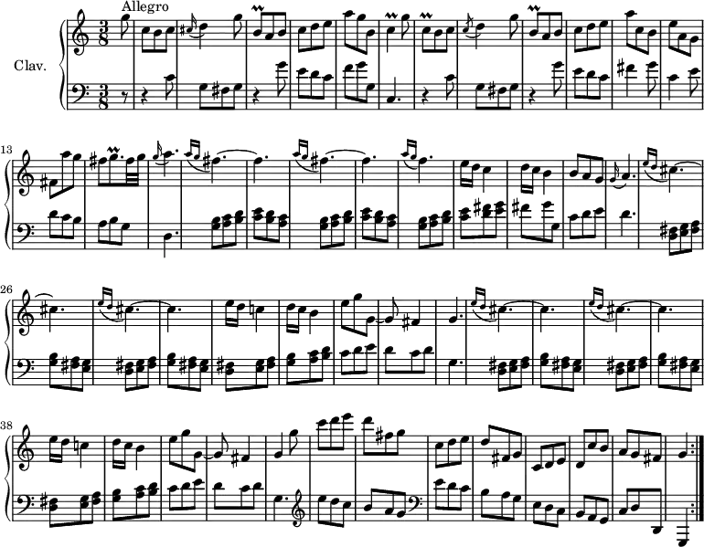 \version "2.18.2"
\header {
tagline = ##f
% composer = "Domenico Scarlatti"
% opus = "K. 407"
% meter = "Allegro"
}
%% les petites notes
trillBqDown = { \tag #'print { b,8\prall } \tag #'midi { c32 b c b } }
trillC = { \tag #'print { c4\prall } \tag #'midi { d32 c d c~ \tempo 4. = 50 c8 \tempo 4. = 72 } }
trillCqDown = { \tag #'print { c,8\prall } \tag #'midi { d32 c d c } }
trillGqp = { \tag #'print { g8.\prall } \tag #'midi { a32 g a g~ g16 } }
upper = \relative c'' {
\clef treble
\key c \major
\time 3/8
\tempo 4. = 72
\repeat volta 2 {
s8*0^\markup{Allegro}
\partial 8 g'8 | c, b c | \appoggiatura cis16 d4 g8 |
\trillBqDown a8 b | c d e | a g b, | \trillC g'8 | \trillCqDown b8 c |
% ms. 8
\acciaccatura c8 d4 g8 |
\trillBqDown a8 b | c d e | a c, b | e a, g | fis a' g | fis \trillGqp fis32 g | \appoggiatura g16 \tempo 4. = 50 a4. \tempo 4. = 72
% ms. 16
\repeat unfold 2 { \grace { \tempo 4. = 50 a16( g } \tempo 4. = 72 fis4.~) | fis } \grace { \tempo 4. = 50 a16( g } \tempo 4. = 72 f4.) | e16 d c4 | d16 c b4 | b8 a g |
% ms. 24
\appoggiatura g16 \tempo 4. = 50 a4. \tempo 4. = 72 | \repeat unfold 2 { \grace { \tempo 4. = 50 e'16( d } \tempo 4. = 72 cis4.~) | cis } | e16 d c!4 | d16 c b4 | e8 g g,~ | g fis4 |
% ms. 33
g4. | \repeat unfold 2 { \grace { \tempo 4. = 50 e'16( d } \tempo 4. = 72 cis4.~) | cis } | e16 d c!4 | d16 c b4 | e8 g g,~ | g fis4 |
% ms. 42
g4 g'8 | c8 d e | d fis, g | c, d e | d fis, g | c, d e | d c' b | a \tempo 4. = 60 g fis | \tempo 4. = 35 g4 \tempo 4. = 72 }%repet
}
lower = \relative c' {
\clef bass
\key c \major
\time 3/8
\repeat volta 2 {
% **************************************
r8 | r4 c8 | g fis g | r4 g'8 | e d c | f g g, | c,4. | r4 c'8 |
% ms. 8
g8 fis g | r4 g'8 | e d c | fis4 g8 | c,4 e8 | d c b | a b g | d4. |
% ms. 16
\repeat unfold 2 { < g b >8 < a c > < b d > | < c e > < b d > < a c > } |
< g b >8 < a c > < b d > | < e c >8 < d fis > < e g > | fis g g, | c d e |
% ms. 24
d4. | \repeat unfold 2 { \repeat unfold 2 { < d, fis >8 < e g > < fis a > | < g b > < fis a > < e g > } |
< d fis >8 < e g > < fis a > | < g b > < a c > < b d > | c d e | d c d |
% ms. 42
g,4. } \clef treble | e''8 d c | b a g | \clef bass e d c | b a g | e d c | b a g | c d d, | g,4 }%repet
}
thePianoStaff = \new PianoStaff <<
\set PianoStaff.instrumentName = #"Clav."
\new Staff = "upper" \upper
\new Staff = "lower" \lower
>>
\score {
\keepWithTag #'print \thePianoStaff
\layout {
#(layout-set-staff-size 17)
\context {
\Score
\override TupletBracket.bracket-visibility = ##f
\override SpacingSpanner.common-shortest-duration = #(ly:make-moment 1/2)
\remove "Metronome_mark_engraver"
}
}
}
\score {
\unfoldRepeats
\keepWithTag #'midi \thePianoStaff
\midi { \set Staff.midiInstrument = #"harpsichord" }
}