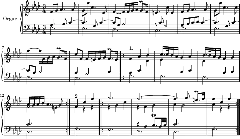 
\version "2.18.2"
\header {
  tagline = ##f
  % composer = "Johann Pachelbel"
  % opus = "Chaconne en fa mineur"
  % meter = ""
}

%% les petites notes
trillGq      = { \tag #'print { g8.\prall } \tag #'midi { aes32 g aes g aes g } }
trillEqp     = { \tag #'print { e8.\prall } \tag #'midi { f32 e f e f e } }
trillBesqp   = { \tag #'print { bes8.\trill } \tag #'midi { c32 bes c bes c bes } }

upper = \relative c'' {
  \clef treble 
  \key f \minor
  \time 3/4
  \tempo 4 = 72

      %s8*0^\markup{Allegro}
      f,8 g aes4. aes8 | g g' c,4. ees,8 | f4~ f16 f g aes \trillGq f16 | e4. c'8 e,4 |
      % ms. 5
      f8 g aes4. aes8 | g g' c,4. c8 | f4~ f16 f, g aes \trillGq f16 | c'8 f,~ f16 e f g f8.\prall e16 |
      % ms. 9
      s8*0^\markup{1.}
      << { f4 aes bes | c16. c32 bes16 aes g4 aes | bes16. bes32 aes16 g f4 g | aes16 g aes bes aes4. g8 } 
      \\ { s2 des4 | ees s2 | des4 s2 | f2 e4 } >> 
      % ms. 13
      s8*0^\markup{2.}
      << { f4 c' f |\bar ".|:" g2. | f~  | f4. g8 \trillEqp f16 f4 c f } 
      \\ { f,4 r4 r4 | r4 g4 c | r4 f,4 g | aes g2 | aes4 r4 r4 } >>

}

lower = \relative c' {
  \clef bass
  \key f \minor
  \time 3/4

    % ************************************** \appoggiatura a16  \repeat unfold 2 {  } \times 2/3 { }   \omit TupletNumber 
      << { aes4. bes8 c4~ | c4. g8 c4~ | c8 aes bes2 | r8 c8 g2  } 
      \\ { f2. ees des c } >>
      % ms. 5
      << { aes'8 bes c des c4~ | c4. g8 c4~ | c8 aes bes2 | aes4 g2 } 
      \\ { f2. ees des c } 
      \\ { s2.*3 s2 bes'4 } >> 
      % ms. 9
      \repeat volta 2 { << { aes4 c s2 bes4 c | s4 aes4 bes | c2. } 
      \\ { f,2. ees des c } >>  }%repet 
      % ms. 13
      << { s2.*2 | r4 aes'4 \trillBesqp aes32 bes c2. } 
      \\ { f,2. ees des c f } >> \bar ":|."

}

thePianoStaff = \new PianoStaff <<
    \set PianoStaff.instrumentName = #"Orgue"
    \new Staff = "upper" \upper
    \new Staff = "lower" \lower
  >>

\score {
  \keepWithTag #'print \thePianoStaff
  \layout {
      #(layout-set-staff-size 17)
    \context {
      \Score
     \override TupletBracket.bracket-visibility = ##f
     \override SpacingSpanner.common-shortest-duration = #(ly:make-moment 1/2)
      \remove "Metronome_mark_engraver"
    }
  }
}

\score {
  \keepWithTag #'midi \thePianoStaff
  \midi { \set Staff.midiInstrument = #"church organ" }
}
