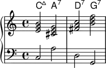 <<
    \new ChordNames \chordmode {
  c2:maj a2:7 d2:7 g:7 
  
}
     \new PianoStaff <<   \new Staff \relative c'{
< e g b > < cis e g > < fis a c> <b d f> }
\new Staff { \clef bass c2 a2 d2 g,2 }>>
  >>