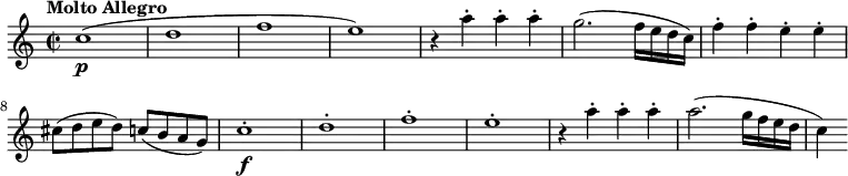 \relative c'' {
\version "2.18.2"
\key c \major
\time 2/2
\tempo "Molto Allegro"
\tempo 4 = 210
c1\p ( d f e)
r4 a4-. a-. a-.
g2. (f16 e d c)
f4-. f-. e-. e-.
cis8 (d e d) c (b a g)
c1-.\f d-. f-. e-.
r4 a4-. a-. a-.
a2. (g16 f e d c4)
}