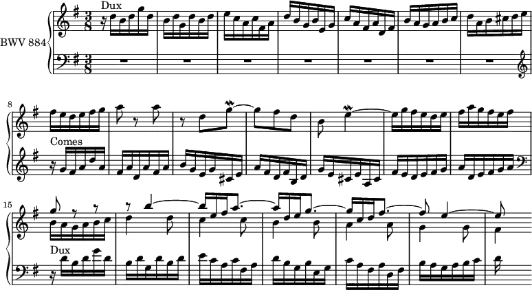 
\version "2.18.2"
\header {
  tagline = ##f
}

Mordgh   = { \tag #'print { g8~\mordent } \tag #'midi { g32 fis g16~ }  }
Mordeq   = { \tag #'print { e4~\mordent } \tag #'midi { e32 d e16~ e8~ }  }

Dux    = { r16^\markup{Dux} d'16 b d g d b d g, d' b d e c a c fis, a | d b g b e, g | c a fis a d, fis | b a g a b c | d   }
Comes  = { r16^\markup{Comes} g16 fis a d a | fis a d, a' fis a | b g e g cis, e | a fis d fis b, d | g e cis e a, cis | fis e d e fis g | a d, e fis g a }

upper = \relative c' {
  \clef treble 
  \key g \major
  \time 3/8
  \tempo 4. = 48
  \set Staff.midiInstrument = #"harpsichord" 

   %% FUGUE CBT II-11, BWV 880, fa majeur
   \Dux a16 b cis d e fis e d e fis g a8 r8 a r8 d, \Mordgh g8 fis d b \Mordeq e16 g fis e d e fis a g fis e fis
   << { g8 r8 r8 r8 b4~ b16 e, fis a8.~ a16 d, e g8.~ g16 c, d fis8.~ fis8 e4~ e8 } \\ { b16 a g a b c d4 d8 c4 c8 b4 b8 a4 a8 g4 g8 fis4 } >>

}

lower = \relative c {
  \clef bass 
  \key g \major
  \time 3/8
  \set Staff.midiInstrument = #"harpsichord" 
    
    R4.*7  \clef treble \relative c'' \Comes 
    \clef bass \relative c \Dux 
    
} 

 thePianoStaff =  \new PianoStaff <<
    \set PianoStaff.instrumentName = #"BWV 884"
    \new Staff = "upper" \upper
    \new Staff = "lower" \lower
  >>

\score {
  \keepWithTag #'print \thePianoStaff
  \layout {
    \context {
      \Score
      \remove "Metronome_mark_engraver"
      \override SpacingSpanner.common-shortest-duration = #(ly:make-moment 1/3) 
    }
  }
}

\score {
  \keepWithTag #'midi \thePianoStaff
  \midi { }
}

