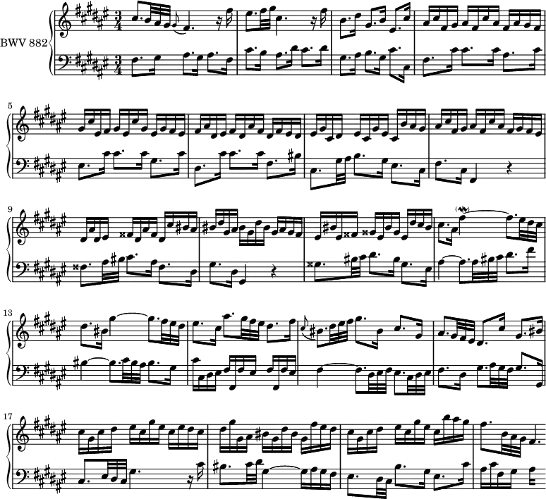 
\version "2.18.2"
\header {
  tagline = ##f
}

Modfisq =  { \tag #'print { fis'4~-\parenthesize\mordent } \tag #'midi { fis32 eis fis16~ fis8~ } }

upper = \relative c'' {
  \clef treble 
  \key fis \major
  \time 3/4
  \tempo 4 = 76
  \set Staff.midiInstrument = #"harpsichord" 

   %% PRÉLUDE CBT II-3, BWV 882, fa-dièse majeur
   cis8.*5/6  b32 ais gis \grace gis8( fis4.) r16 fis'16 eis8. fis32 gis cis,4. r16 fis16 | b,8. dis16 gis,8. b16 eis,8. cis'16 |
   ais16 cis fis, gis  ais fis cis' ais  fis ais gis fis | gis cis eis, fis gis eis cis' gis eis gis fis eis |
   fis16 ais dis, eis  fis dis ais' fis  dis fis eis dis | eis gis cis, dis  eis cis gis' eis   cis b' ais gis |

   %% ms. 8
   ais16 cis fis, gis  ais fis cis' ais  fis gis fis eis | dis ais' dis, eis  fisis dis ais' fisis   dis cis' bis ais |
   bis16 dis gis, ais  bis gis dis' bis  gis ais gis fis | eis bis' eis, fisis   gisis eis bis' gisis   eis dis' cis bis | 

   %% ms. 12
   cis8. ais16 \Modfisq fis8.*5/6 eis32 dis cis | dis8. bis16 gis'4~ gis8.*5/6 fis32 eis dis |
   eis8. cis16 ais'8.*5/6 gis32 fis eis dis8. fis16 | \grace cis8( bis8.*5/6) dis32 eis fis gis8. bis,16 cis8. gis16 |
   ais8.*5/6 gis32 fis eis dis8. cis'16 gis8. bis16 | cis16 gis cis dis  eis cis gis' eis cis eis dis cis | 
   dis16 gis gis, ais   bis gis dis' bis  gis fis' eis dis | cis gis cis dis  eis cis gis' eis   cis b' ais gis |
   fis8.*5/6 b,32 ais gis fis4.*1/3
}

lower = \relative c {
  \clef bass 
  \key fis \major
  \time 3/4
  \set Staff.midiInstrument = #"harpsichord" 
    
   fis8. gis16 ais8. gis16 ais8. fis16 | cis'8. b16 ais8. dis16 cis8. dis16 |
   gis,8. ais16 b8. gis16 cis8. cis,16 | fis8. cis'16 cis8. cis16 ais8. cis16 |
   eis,8. cis'16 cis8. cis16 gis8. cis16 | dis,8. cis'16 cis8. cis16 fis,8. bis16 |
   cis,8. gis'32 ais b8. gis16 eis8. cis16 | fis8. cis16 fis,4 r4 | 
   
   %% ms. 9
   fisis'8. ais32 bis cis8. ais16 fisis8. dis16 | gis8. dis16 gis,4 r4 |
   gisis'8. bis32 cis dis8. bis16 gisis8. eis16 | ais4~ ais8.*5/6 ais32 bis cis dis8. fis16 bis,4~ bis8.*5/6 cis32 bis ais bis8. gis16 |

   %% ms. 13
   cis16 cis, dis eis fis fis, fis' eis fis fis, fis' eis | fis4~ fis8.*5/6 dis32 eis fis eis8.*5/6 cis32 dis eis |
   fis8. dis16 gis8.*5/6 ais32 gis fis gis8. gis,16 | cis8.*5/6 eis32 dis cis gis'4. r16 cis16 |

   %% ms. 
   bis8. cis32 dis gis,4~ gis16 ais gis fis | eis8. dis32 cis b'8. gis16 eis8. cis'16 |
   ais16 cis fis, gis 
{ 
 % suppression des warnings :
 #(ly:set-option 'warning-as-error #f)
 #(ly:expect-warning (_ "stem does not fit in beam")) %% <= à traduire éventuellement
 #(ly:expect-warning (_ "beam was started here")) %% <= à traduire éventuellement
  \set stemRightBeamCount = #2
  ais4*1/4[ s]
} 
} 

thePianoStaff = \new PianoStaff <<
    \set PianoStaff.instrumentName = #"BWV 882"
    \new Staff = "upper" \upper
    \new Staff = "lower" \lower
  >>

\score {
  \keepWithTag #'print \thePianoStaff
  \layout {
    \context {
      \Score
      \remove "Metronome_mark_engraver"
      \override TupletBracket.bracket-visibility = ##f
      \override SpacingSpanner.common-shortest-duration = #(ly:make-moment 1/3)
    }
  }
}
\score {
  \keepWithTag #'midi \thePianoStaff
  \midi { }
}
