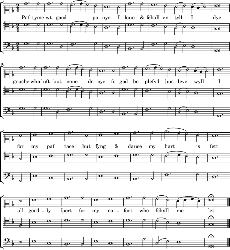\version "2.18.2"
 %\version "2.10.33"
 \new ChoirStaff <<
  \new Staff {
   \set Score.tempoHideNote = ##t
   \tempo 1 = 125
   \time 2/1 \key g \dorian
   \clef "neomensural-c2"
   %% \override NoteHead #'style = #'petrucci
   bes'1. bes'2 bes'1. bes'2 a'2. (bes'4 a'2) g'2 f'1. 
   f'2 bes'1. bes'2 a'1. g'2 f' (g') f'4 (e' f'2) g'\breve \break
   bes'1. bes'2 bes'1. bes'2 a'2. (bes'4 a'2) g'2 f'1.
   f'2 bes'1. bes'2 a'2. (bes'4 a'2) g'2 f' (g') f'4 (e' f'2) g'1. \bar "" \break
   f'2 g'1 a' bes'1.  f'2 g'1 a' bes'1.  bes'2 c''2. (bes'4 a'2) g' f'1. \bar "" \break
   f'2 g'1 a' bes'1. bes'2 g'1 a' bes'1.  bes'2 a' (g') f'4 (g' a' f')  
   g'\breve\fermata   \bar "|."
  } %% /new Staff
  \addlyrics { 
   Paſ -- tyme wt good Ꝯ -- pa -- nye 
   I loue "&" ſchall vn -- tyll I dye 
   gruche who luſt but none de -- nye
   ſo god be pleſyd þus leve wyll I
   for my paſ -- tāce 
   hūt ſyng "&" daūce
   my hart is ſett
   all good -- ly ſport
   for my cō -- fort
   who ſchall me let
  } %% /addlyrics
  \new Staff {
   \time 2/1 \key g \dorian
   \clef "neomensural-c4"
   d'1. d'2 d'1. d'2 c'2. (d'4 c'2) bes2 a1. a2 d'1. d'2 c'1. bes2 a2 (bes2) a1 g\breve
   d'1. d'2 d'1. d'2 c'2. (d'4 c'2) bes2 a1. a2 d'1. d'2 c'1. bes2 a2 (bes2)
   a1 g1. g2 bes1 c'1 d'1. d'2 bes1 c'1 d'1. d'2 c'2. (d'4 c'2) bes2
   a1. f2 bes1 c'1 d'1. d'2 bes1 c'1 d'1. d'2 c'2 (bes2) a1 g\breve\fermata \bar "|."
  } %% /new Staff
  \new Staff {
   \time 2/1 \key g \dorian
   \clef bass
   g1. g2 g1. d2 f1. g2 d1. d2 bes,1. bes,2 f1. g2 d2 (e2) d1 g,\breve
   g1. g2 g1. d2 f1. g2 d1. d2 bes,1. bes,2 f1. g2 d2 (e2)
   d1 g,1. g,2 e1 c1 bes,1. bes,2 e1 c1 bes,1. bes,2 f1.
   g2 d1. d2 e1 c1 bes,1. bes,2 e1 c1 bes,1. g2 c2 (e2) d1 g,\breve\fermata \bar "|."
  } %% /new Staff
 >> %% /new ChoirStaff
  \layout {
     #(layout-set-staff-size 16) 
     \override SpacingSpanner.common-shortest-duration = #(ly:make-moment 1/3)
    }