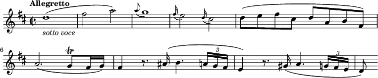 \relative c'' {
\version "2.18.2"
\key d \major
\tempo "Allegretto"
\time 2/2
\tempo 4 = 130
d1_\markup{\italic {sotto voce}} (fis2 a)
\grace a8 (g1)
\grace fis16 (e2) \grace d16 (cis2)
d8 (e fis cis d a b fis)
a2. (g8 \trill fis16 g)
fis4 r8. ais16 (b4. \tuplet 3/2 {a16 g fis} e4)
r8. gis16 (a4. \tuplet 3/2 {g16 fis e} d8)
}