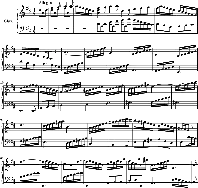 \version "2.18.2"
\header {
tagline = ##f
% composer = "Domenico Scarlatti"
% opus = "K. 237"
% meter = "Allegro"
}
%% les petites notes
%trillBesp = { \tag #'print { bes4.\prall } \tag #'midi { c32 bes c bes~ bes4 } }
upper = \relative c'' {
\clef treble
\key d \major
\time 3/8
\tempo 4. = 76
s8*0^\markup{Allegro}
d8 a d | << { fis4 g8 | a4 b8 } \\ { d,8 a e' | fis a, g' } >> | a16 g fis e d cis | < a d fis >4 g'8 | a4 b8 | cis,4 d8 |
% ms. 8
e8 fis g | fis16 a g fis e d | cis b a g fis e | fis a g fis e d | cis b a8 r8 | a'4.~ | a16 b cis d e fis |
% ms. 15
g,4. | fis16 g a b cis d | e,4. | d16 e fis g a b | cis d e fis g fis | e d cis b a g |
% ms. 21
fis16 gis a b cis d | gis, a b cis d e | a, b cis d e fis | b, cis d e fis gis | e4.~ e16 fis gis a b cis |
% ms. 27
d,4. | cis16 d e fis gis a | b,4. | a16 b cis d e fis | gis a b cis d cis | b a gis fis e d |
% ms. 33
cis16 e d cis b a | gis fis e8 r8 | e'4.~ | e16 fis e d cis b | cis8 a e'~ | e16 fis e d cis b | cis e d fis e a |
% ms. 40
fis16 d cis a' b, gis' | a, b cis d e fis | e,4. | a16
}
lower = \relative c' {
\clef bass
\key d \major
\time 3/8
% ************************************** \appoggiatura a16 \repeat unfold 2 { } \times 2/3 { } \omit TupletNumber
R4.*4 | d8 a d | fis a, g' | a a, b' |
% ms. 8
a16 g fis e d cis | d8 b g | a b cis | d b g | a8. g16 fis e | d e fis g a b | cis,4. |
% ms. 15
b16 cis d e fis g | a,4. | g16 a b cis d e | fis,4. | e4 d8 | a' b cis |
% ms. 21
d4. | e fis gis | a16 b cis d e fis | gis,4. |
% ms. 27
fis16 gis a b cis d | e,4. | d16 e fis gis a b | cis,4. | b4 a8 | e' fis gis |
% ms. 33
a8 fis d | e8. d'16 cis b | \repeat unfold 2 { a b cis d e fis | e,,4. } | a8 b cis |
% ms. 40
d8 e e, | a4. | e'16 fis e d cis b | cis8 % a4 | e'16 fis e d cis b | cis8 a a' |
}
thePianoStaff = \new PianoStaff <<
\set PianoStaff.instrumentName = #"Clav."
\new Staff = "upper" \upper
\new Staff = "lower" \lower
>>
\score {
\keepWithTag #'print \thePianoStaff
\layout {
#(layout-set-staff-size 17)
\context {
\Score
\override TupletBracket.bracket-visibility = ##f
\override SpacingSpanner.common-shortest-duration = #(ly:make-moment 1/2)
\remove "Metronome_mark_engraver"
}
}
}
\score {
\keepWithTag #'midi \thePianoStaff
\midi { \set Staff.midiInstrument = #"harpsichord" }
}