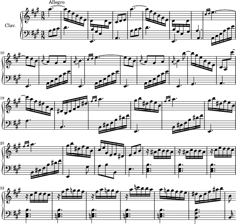 \version "2.18.2"
\header {
tagline = ##f
% composer = "Domenico Scarlatti"
% opus = "K. 321"
% meter = "Allegro"
}
%% les petites notes
%trillBesp = { \tag #'print { bes4.\prall } \tag #'midi { c32 bes c bes~ bes4 } }
upper = \relative c'' {
\clef treble
\key a \major
\time 3/8
\tempo 4. = 72
\set Staff.midiInstrument = #"harpsichord"
\override TupletBracket.bracket-visibility = ##f
s8*0^\markup{Allegro}
a'4.~ a16 fis d b gis e | \stemDown d \stemUp \change Staff = "lower" b gis e \stemDown \change Staff = "upper" d' b | \stemNeutral cis8 d e | a'4.~ a16 fis d b gis e |
% ms. 7
\stemDown d16 \stemUp \change Staff = "lower" b gis e \stemDown \change Staff = "upper" d' \stemUp \change Staff = "lower" gis, | a4. | \stemNeutral \change Staff = "upper" \grace { \tempo 4. = 35 cis'16 d } \tempo 4. = 72 e4.~ | e8 d b | \appoggiatura b16 a8 gis a | \appoggiatura a16 b4. | \grace { \tempo 4. = 35 cis16 d } \tempo 4. = 72 e4.~ |
% ms. 14
e8 d b | \appoggiatura b16 a8 gis a | \appoggiatura a16 b4 b'8~ | b16 gis e b gis e | cis8 a cis''8~ | cis16 a fis dis a fis |
% ms. 20
dis16 b dis fis a dis | \repeat unfold 3 { \grace { \tempo 4. = 35 fis16 gis } \tempo 4. = 72 a4. | gis16 b dis, fis e b } |
% ms. 27
cis16 e gis, e fis dis | e8 gis b | \repeat unfold 2 { r16 ais16 cis b b ais } | \repeat unfold 2 { r16 cis16 e d d cis } |
% ms. 33
\repeat unfold 2 { r16 fis16 a g g fis } | r16 a16 c b b a | a g g fis fis e | dis b dis fis ais b |
% ms. 38
b,8
}
lower = \relative c' {
\clef bass
\key a \major
\time 3/8
\set Staff.midiInstrument = #"harpsichord"
\override TupletBracket.bracket-visibility = ##f
% ************************************** \appoggiatura a16 \repeat unfold 2 { } \times 2/3 { } \omit TupletNumber
\repeat unfold 2 { a8 b cis | d4. | e,, | \shiftOn a } |
% ms. 9
\repeat unfold 4 { a16 cis e a cis e | e,,4. }
% ms. 17
gis4. a a' |
% ms. 20
b,4. | \repeat unfold 2 { b16 dis fis b dis fis | e,,4. } | b'16 dis fis b dis fis |
% ms. 24
e,,4 gis'8 | a b b, | e4. | < cis e b' >4. q q |
% ms. 32
q | < c e b' >4. q q q | < b fis' b >4.
% ms. 38
b16
}
thePianoStaff = \new PianoStaff <<
\set PianoStaff.instrumentName = #"Clav."
\new Staff = "upper" \upper
\new Staff = "lower" \lower
>>
\score {
\keepWithTag #'print \thePianoStaff
\layout {
#(layout-set-staff-size 17)
\context {
\Score
\override SpacingSpanner.common-shortest-duration = #(ly:make-moment 1/2)
\remove "Metronome_mark_engraver"
}
}
}
\score {
\keepWithTag #'midi \thePianoStaff
\midi { }
}