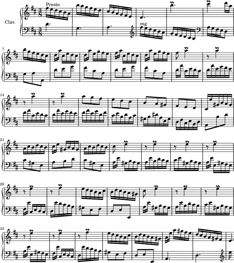 
\version "2.18.2"
\header {
  tagline = ##f
  % composer = "Domenico Scarlatti"
  % opus = "K. 416"
  % meter = "Presto"
}

%% les petites notes
trillE       = { \tag #'print { e4\prall } \tag #'midi { fis32 e fis e~ e8 } }
trillCis     = { \tag #'print { cis4\prall } \tag #'midi { d32 cis d cis~ cis8 } }
trillA       = { \tag #'print { a4\prall } \tag #'midi { b32 a b a~ a8 } }
trillFis     = { \tag #'print { fis4\prall } \tag #'midi { g32 fis g fis~ fis8 } }
trillBpUpUp  = { \tag #'print { b''4.\prall } \tag #'midi { cis32 b cis b~ b4 } }

upper = \relative c'' {
  \clef treble 
  \key d \major
  \time 3/8
  \tempo 4. = 82

      s8*0^\markup{Presto}
      fis16 e d cis b a  | b' a g fis e d | cis b a g fis e | d4. \trillBpUpUp | \trillCis d16 a |
      % ms. 7
      b16 g fis e d cis | d[ a'] cis, e d cis | d[ a'] e g fis e  | fis[ a] cis, e d cis | d[ a'] e g fis e | fis8 \trillA
      % ms. 13
      \repeat unfold 3 { r8 \trillA } | a8 g fis | e d cis | b a gis |
      % ms. 19
      fis8 e d | cis16 e' gis, b a gis | a cis b d cis b | cis[ e] gis, b a gis | a cis b d cis b | cis8 \trillE 
      % ms. 25
      \repeat unfold 4 { r8 \trillE } | r8 \trillFis | e16 d cis b a cis | 
      % ms. 31
      b16 d cis b a gis | cis8 \trillE | \repeat unfold 4 { r8 \trillE } |
      % ms. 37
      r8 \trillFis | e16 d cis b a cis | b d cis b a gis | a[ e'] a gis fis e | d cis b a gis fis e4.*1/4 |

}

lower = \relative c' {
  \clef bass
  \key d \major
  \time 3/8

    % ************************************** \appoggiatura a16  \repeat unfold 2 {  } \times 2/3 { }   \omit TupletNumber 
      d4. g, a |   \clef treble fis''16^\markup{mg} e d cis b a | g fis e d cis b   \clef bass a g fis e d8 |
      % ms. 7
      g8 a a, | \repeat unfold 2 { d' e g | fis cis a } | d16[ a'] cis, e d cis |
      % ms. 13
      d16 a' e g fis e  | fis a cis, e d cis | d16 a' e g fis e | fis a e g d fis | cis e b d a cis | gis b dis a e gis |
      % ms. 19
      d16 fis cis e b d | a8 b' d | cis gis e | a b d | cis gis e | \repeat unfold 2 { a16[ e'] gis, b a gis |
      % ms. 25
      a16 e' b d cis b | cis e gis, b a gis | a[ e'] e, gis fis e  | fis[ e'] cis, e d cis | d e' d cis b a | gis8 e fis |
      % ms. 31
      d8 e e, }
      % ms. 40
      a4. d \clef treble e''16

}

thePianoStaff = \new PianoStaff <<
    \set PianoStaff.instrumentName = #"Clav."
    \new Staff = "upper" \upper
    \new Staff = "lower" \lower
  >>

\score {
  \keepWithTag #'print \thePianoStaff
  \layout {
      #(layout-set-staff-size 17)
    \context {
      \Score
     \override TupletBracket.bracket-visibility = ##f
     \override SpacingSpanner.common-shortest-duration = #(ly:make-moment 1/2)
      \remove "Metronome_mark_engraver"
    }
  }
}

\score {
  \keepWithTag #'midi \thePianoStaff
  \midi { \set Staff.midiInstrument = #"harpsichord" }
}
