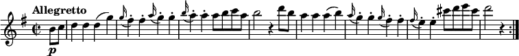\relative c'' {
\version "2.18.2"
\key g \major
\time 2/2
\tempo "Allegretto"
\tempo 4 = 180
\partial4 b8 \p c
d4 d d (g)
\grace g16 (fis4-.) fis-. \grace a16 (g4-.) g-.
\grace b16 (a4-.) a-. a8 b c a
b2 r4 d8 b
a4 a a (b)
\grace a16 (g4-.) g-. \grace g16 (fis4-.) fis-.
\grace fis16 (e4-.) e-. cis'8 d e cis
d2 r4 \bar ":|."
}