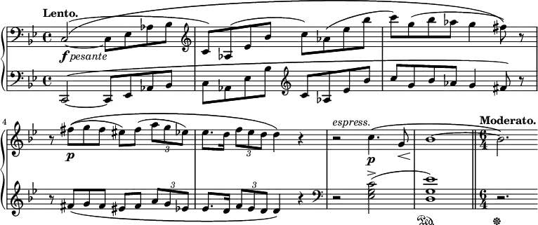 \new PianoStaff
<<
\new Staff = "right" \with {
midiInstrument = "acoustic grand"
} \relative c {
\key g \minor
\time 4/4
\tempo "Lento."
\clef bass
c2(\(_\markup { \dynamic f \italic pesante } ~ c8 ees aes bes
\clef treble c) aes( ees' bes' c) aes( ees' bes'
c) g( bes aes g4 fis8\)) r
r fis\p(\( g fis eis) fis( \times 2/3 { a g ees) }
ees8. d16 \times 2/3 { f8 ees d } d4\) r
r2^\markup {\italic {espress.}} c4.\(\p g8\<
bes1\!~
\bar "||"
\time 6/4
\tempo "Moderato."
bes2. \)
}
\new Staff = "left" \with {
midiInstrument = "acoustic grand"
} {
\clef bass \relative c' {
\key g \minor
\time 4/4
\tempo "Lento."
c,,2\( ~ c8 ees aes bes
c aes ees' bes' \clef treble c aes ees' bes'
c g bes aes g4 fis8\) r
r fis\( g fis eis fis \times 2/3 { a g ees }
ees8. d16 \times 2/3 { f8 ees d } d4\) r
\clef bass
r2 <ees, g c>->(
<d g ees'>1)\sustainOn
\bar "||"
\time 6/4
\tempo "Moderato."
r2.\sustainOff
}
}
>>
\midi {
\context {
\Score
tempoWholesPerMinute = #(ly:make-moment 40 4)
}
}