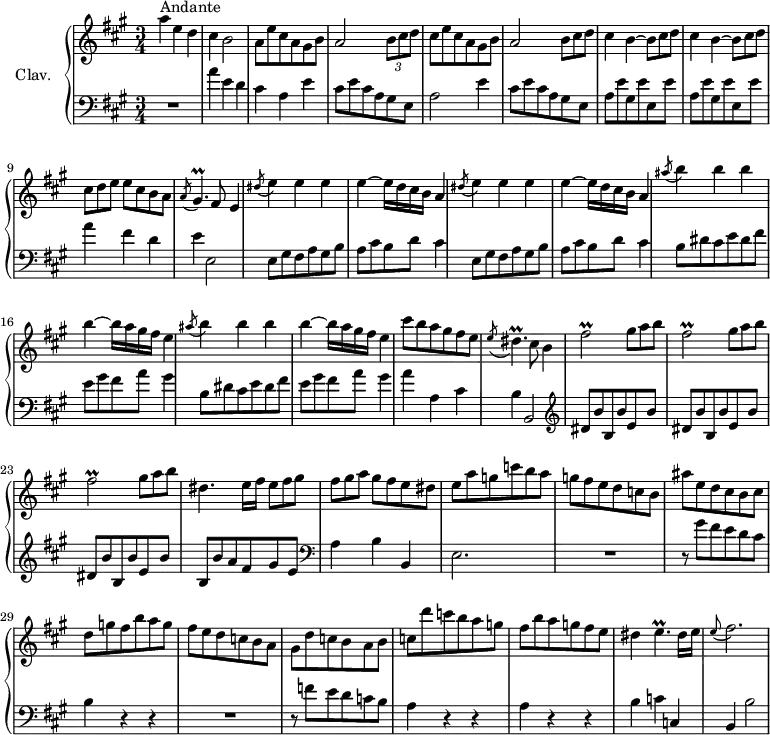 
\version "2.18.2"
\header {
  tagline = ##f
  % composer = "Domenico Scarlatti"
  % opus = "K. 300"
  % meter = "Andante"
}

%% les petites notes
trillGisp     = { \tag #'print { gis4.\prall } \tag #'midi { a32 gis a gis~ gis4 } }
trillDisp     = { \tag #'print { dis4.\prall } \tag #'midi { e32 dis e dis~ dis4 } }
trillFisbUp   = { \tag #'print { fis'2\prall } \tag #'midi { gis32 fis gis fis~ fis4. } }
trillEp       = { \tag #'print { e4.\prall } \tag #'midi { fis32 e fis e~ e4 } }

upper = \relative c'' {
  \clef treble 
  \key a \major
  \time 3/4
  \tempo 4 = 88
  \set Staff.midiInstrument = #"harpsichord"
  \override TupletBracket.bracket-visibility = ##f

      s8*0^\markup{Andante}
      a'4 e d | cis b2 | a8 e' cis a gis b | a2 \times 2/3 { b8 cis d }   \omit TupletNumber | cis e cis a gis b |
      % ms. 6
      a2 \times 2/3 { b8 cis d } | \repeat unfold 2 { cis4 b~ \times 2/3 { b8 cis d } } | \times 2/3 { cis8[ d e] } e8 cis b a | \acciaccatura a8 \trillGisp fis8 e4 |
      % ms. 11
      \repeat unfold 2 { \acciaccatura dis'8 e4 e e | e~ e16 d cis b a4 } | 
      % ms. 15
      \repeat unfold 2 { \acciaccatura ais'8 b4 b b | b~ b16 a gis fis e4 } | cis'8 b a gis fis e | \acciaccatura e8 \trillDisp cis8 b4 |
      % ms. 21
      \repeat unfold 3 { \trillFisbUp \times 2/3 { gis8 a b } } | dis,4. e16 fis \times 2/3 { e8 fis gis } | \times 2/3 { fis8[ gis a] } gis8 fis e dis |
      % ms. 26
      e8 a g c b a | g fis e d c b | ais' e d cis b cis  | d g fis b a g fis e d c b a |
      % ms. 31
      gis8 d' c b a b | c d' c b a g | fis b a g fis e | dis4 \trillEp dis16 e | \appoggiatura e8 fis2. 

}

lower = \relative c' {
  \clef bass
  \key a \major
  \time 3/4
  \set Staff.midiInstrument = #"harpsichord"
  \override TupletBracket.bracket-visibility = ##f

    % ************************************** \appoggiatura a16  \repeat unfold 2 {  } \times 2/3 { }   \omit TupletNumber 
      R2. | a'4 e d | cis a e' | cis8 e cis a gis e | a2 e'4 |
      % ms. 6
      cis8 e cis a gis e | \repeat unfold 2 { a8 e' gis, e' e, e' } | a4 fis d | e e,2 |
      % ms. 11
      \repeat unfold 2 { e8 gis fis a gis b | a cis b d cis4 } | 
      % ms. 15
      \repeat unfold 2 { b8 dis cis e dis fis | e gis fis a gis4 } | a a, cis b b,2 |   \clef treble 
      % ms. 21
      \repeat unfold 3 { dis'8 b' b, b' e, b' } | b, b' a fis gis e |   \clef bass a,4 b b, |
      % ms. 26
      e2. | R2. | r8 gis'8 fis e d cis | b4 r4 r4 | R2.
      % ms. 31
      r8 f'8 e d c b | \repeat unfold 2 { a4 r4 r4 } | b4 c c, b b'2

}

thePianoStaff = \new PianoStaff <<
    \set PianoStaff.instrumentName = #"Clav."
    \new Staff = "upper" \upper
    \new Staff = "lower" \lower
  >>

\score {
  \keepWithTag #'print \thePianoStaff
  \layout {
      #(layout-set-staff-size 17)
    \context {
      \Score
     \override SpacingSpanner.common-shortest-duration = #(ly:make-moment 1/2)
      \remove "Metronome_mark_engraver"
    }
  }
}

\score {
  \keepWithTag #'midi \thePianoStaff
  \midi { }
}
