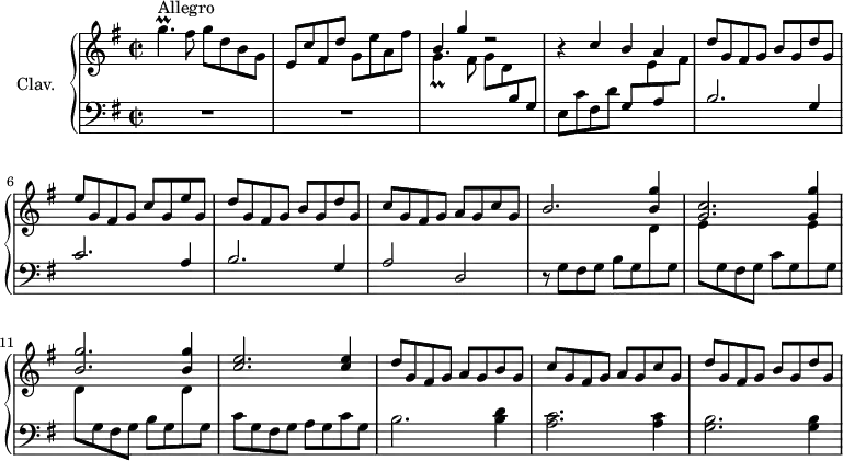\version "2.18.2"
\header {
tagline = ##f
% composer = "Domenico Scarlatti"
% opus = "K. 314"
% meter = "Allegro"
}
%% les petites notes
trillGpUp = { \tag #'print { g'4.\prall } \tag #'midi { a32 g a g~ g4 } }
trillGpUpPrallD = { \tag #'print { g'4._\prall } \tag #'midi { a32 g a g~ g4 } }
upper = \relative c'' {
\clef treble
\key g \major
\time 2/2
\tempo 2 = 82
\set Staff.midiInstrument = #"harpsichord"
\override TupletBracket.bracket-visibility = ##f
s8*0^\markup{Allegro}
\trillGpUp fis8 g8 d b g | e c' fis, d' g, e' a, fis' | \stemUp b,4 g' r2 |
% ms. 4
r4 c,4 b a | d8 g, fis g b g d' g, | e' g, fis g c g e' g, | d'8 g, fis g b g d' g, |
% ms. 8
c8 g fis g a g c g | b2. < b g' >4 | < c g >2. < g g' >4 | < b g' >2. q4 |
% ms. 12
< c e >2. q4 | d8 g, fis g a g b g | c g fis g a g c g | d' g, fis g b g d' g, |
% ms. 16
}
lower = \relative c' {
\clef bass
\key g \major
\time 2/2
\set Staff.midiInstrument = #"harpsichord"
\override TupletBracket.bracket-visibility = ##f
% ************************************** \appoggiatura a16 \repeat unfold 2 { } \times 2/3 { } \omit TupletNumber
R1*2 | \stemDown \change Staff = "upper" \trillGpUpPrallD fis8 g8 d \stemUp \change Staff = "lower" b g | \stemNeutral
% ms. 4
e8 c' fis, d' g, \stemDown \change Staff = "upper" e' \stemUp \change Staff = "lower" a, \stemDown \change Staff = "upper" fis' | \stemUp \change Staff = "lower" b,2. g4 | c2. a4 | b2. g4 |
% ms. 8
a2 d, | r8 \stemNeutral g fis g b g \stemDown \change Staff = "upper" d' \change Staff = "lower" g, | \stemDown \change Staff = "upper" e' \change Staff = "lower" g, fis g c g \change Staff = "upper" e' \change Staff = "lower" g, | \change Staff = "upper" d'8 \change Staff = "lower" g, fis g b g \change Staff = "upper" d' \change Staff = "lower" g, |
% ms. 12
c8 g fis g a g c g | b2. < b d >4 | < a c >2. q4 | < g b >2. q4 |
% ms. 16
% ms. x
}
thePianoStaff = \new PianoStaff <<
\set PianoStaff.instrumentName = #"Clav."
\new Staff = "upper" \upper
\new Staff = "lower" \lower
>>
\score {
\keepWithTag #'print \thePianoStaff
\layout {
#(layout-set-staff-size 17)
\context {
\Score
\override SpacingSpanner.common-shortest-duration = #(ly:make-moment 1/2)
\remove "Metronome_mark_engraver"
}
}
}
\score {
\keepWithTag #'midi \thePianoStaff
\midi { }
}