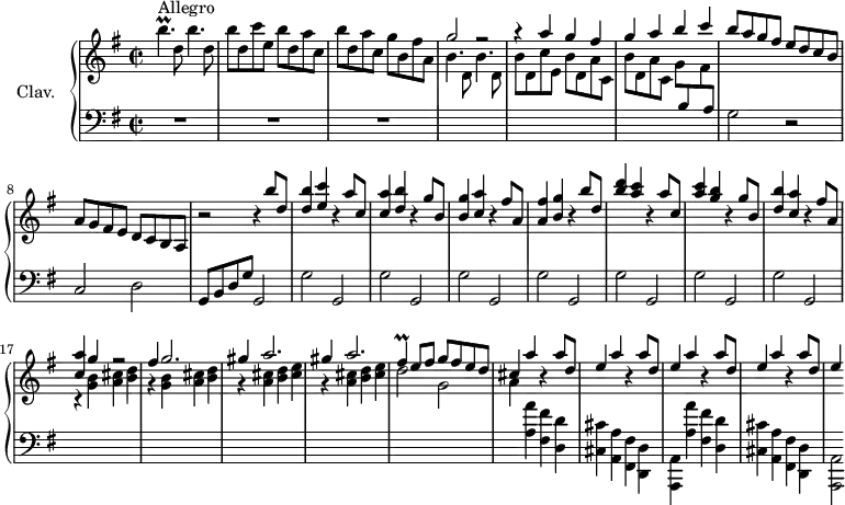 \version "2.18.2"
\header {
tagline = ##f
% composer = "Domenico Scarlatti"
% opus = "K. 390"
% meter = "Allegro"
}
%% les petites notes
trillBespUp = { \tag #'print { b'4.\prall } \tag #'midi { c32 b c b~ b4 } }
trillFis = { \tag #'print { fis4\prall } \tag #'midi { g32 fis g fis~ b8 } }
upper = \relative c'' {
\clef treble
\key g \major
\time 2/2
\tempo 2 = 62
\set Staff.midiInstrument = #"harpsichord"
\override TupletBracket.bracket-visibility = ##f
s8*0^\markup{Allegro}
\trillBespUp d,8 b'4. d,8 | b'8 d, c' e, \repeat unfold 2 { b' d, a' c, } | g' b, fis' a, | \stemUp g'2 r2 |
% ms. 5
r4 a4 g fis | g a b c | b8 a g fis e d c b | a g fis e d c b a |
% ms. 9
r2 r4 | b''8 d, | < d b' >4 < e c' > r4 a8 c, | < c a' >4 < d b' > r4 g8 b, | < b g' >4 < c a' > r4 fis8 a, | < a fis' >4 < b g' > r4 b'8 d, |
% ms. 14
< b' d >4 < a c > r4 a8 c, | < a' c >4 < g b > r4 g8 b, | < d b' >4 < c a' > r4 fis8 a, | < c a' >4 g' r2 | fis4 g2. |
% ms. 19
\repeat unfold 2 { gis4 a2. } | \trillFis e,8 fis g fis e d | cis4 a' r4 a8 d, |e4 a r4 a8 d, |
% ms. 24
\repeat unfold 2 { e4 a r4 a8 d, } | e4*1/2
}
lower = \relative c' {
\clef bass
\key g \major
\time 2/2
\set Staff.midiInstrument = #"harpsichord"
\override TupletBracket.bracket-visibility = ##f
% ************************************** \appoggiatura a8 \repeat unfold 2 { } \times 2/3 { } \omit TupletNumber
R1*3 | \stemDown \change Staff = "upper"
b'4. d,8 b'4. d,8 |
% ms. 5
b'8 d, c' e, \repeat unfold 2 { b' d, a' c, } | g' \stemUp \change Staff = "lower" b, \stemDown \change Staff = "upper" fis' \stemUp \change Staff = "lower" a, \stemNeutral | g2 r2 | c,2 d |
% ms. 9
g,8 b d g g,2 | \repeat unfold 7 { g'2 g, } \stemDown \change Staff = "upper" |
% ms. 14
\repeat unfold 2 { r4 < g'' b >4 < a cis > < b d > } | \repeat unfold 2 { r4 < a cis >4 < b d > < cis e > } | d2 g, | a4 \change Staff = "lower" < a, a' >4 < fis fis' > < d d' > | < cis cis' > < a a' > < fis fis' > < d d' > |
% ms. 19
< a a' >4 < a'' a' >4 < fis fis' > < d d' > | < cis cis' > < a a' > < fis fis' > < d d' > | < a a' >2*1/4 |
}
thePianoStaff = \new PianoStaff <<
\set PianoStaff.instrumentName = #"Clav."
\new Staff = "upper" \upper
\new Staff = "lower" \lower
>>
\score {
\keepWithTag #'print \thePianoStaff
\layout {
#(layout-set-staff-size 17)
\context {
\Score
\override SpacingSpanner.common-shortest-duration = #(ly:make-moment 1/2)
\remove "Metronome_mark_engraver"
}
}
}
\score {
\keepWithTag #'midi \thePianoStaff
\midi { }
}