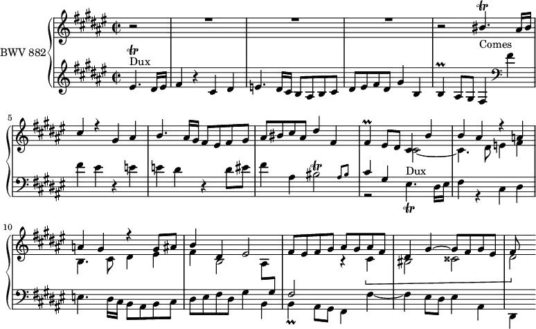 
\version "2.18.2"
\header {
  tagline = ##f
}

Trillg     = { \tag #'print { eis4.\trill } \tag #'midi { fis32 eis fis eis  fis eis32~ eis16~ eis8 }  }

TrillbisB   = { \tag #'print { \afterGrace bis2\trill { ais8[ bis] } } \tag #'midi { cis32 bis cis bis  cis bis~ bis16~ bis8 ais16 bis }  } 

Prallbq    = { \tag #'print { b4\prall } \tag #'midi { \times 2/3 { cis32 b cis } b16~ b8~  }  }

DuxNotes   = { \Trillg dis16 eis fis4  r4 cis dis e4. dis16 cis b8 ais b cis | dis eis fis dis gis4 b, | \Prallbq ais8 }
Dux        = { s8*0^\markup{Dux} \DuxNotes }
Comes      = { s8*0_\markup{Comes} \transpose eis bis \relative { \DuxNotes } }
ContreSA   = { b4 b ais r4 a a gis r4 } % gis fis b2 ais8 gis fis4 r4
ContreSB   = { cis4. dis8 e4 fis b,4. cis8 } % dis cis dis eis fis dis eis2 fis4

upper = \relative c'' {
  \clef treble 
  \key fis \major
  \time 2/2
  \tempo 4 = 84 % tempo Keller
  \set Staff.midiInstrument = #"harpsichord" 

   %% FUGUE CBT II-13, BWV 882, fa-dièse majeur

   << { b2\rest R1*3 b2\rest \transpose c c' { \Comes dis8 cis4 \ContreSA } gis8 ais b4 dis, eis2 fis8 eis fis gis ais gis ais fis | dis4 gis~ gis8 fis gis eis fis8 } \\ { s2 s1*7 s2 cis2~ | cis4. dis8 e4 fis | b,4. cis8 dis4 eis fis b,2 ais8  \stemUp \change Staff = "lower"  gis fis2 \stemDown \change Staff = "upper" r4 \[ cis'4 bis2 cisis | dis2*1/2 \] } >>
   
}

lower = \relative c' {
  \clef bass 
  \key fis \major
  \time 2/2
  \set Staff.midiInstrument = #"harpsichord" 
   
  \partial 2
  \clef treble  
  \relative c' { \Dux gis8 fis4 \clef bass \transpose b fis' \relative c' { \ContreSA } dis'8 eis fis4 ais, \TrillbisB  }
  << { cis4 gis } \\ { r2 \Dux gis8 fis4 fis'~ | fis eis8 dis eis4 ais, dis, } >> 
    
} 


 thePianoStaff = \new PianoStaff <<
    \set PianoStaff.instrumentName = #"BWV 882"
    \new Staff = "upper" \upper
    \new Staff = "lower" \lower
  >>

\score {
  \keepWithTag #'print \thePianoStaff
  \layout {
    \context {
      \Score
      \remove "Metronome_mark_engraver"
      %\override SpacingSpanner.common-shortest-duration = #(ly:make-moment 1/3) 
    }
  }
}

\score {
  \keepWithTag #'midi \thePianoStaff
  \midi { }
}
