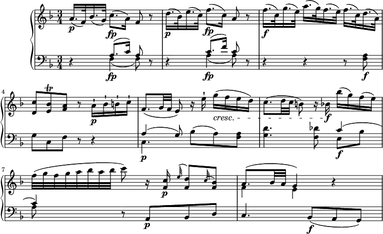 \version "2.18.2"
\header {
  tagline = ##f
}
upper = \relative c'' {
         \clef "treble" 
         \tempo "Andante un poco afagio"
         \key f \major
         \time 3/4 
         \tempo 4 = 50
       a16.\p (f32) bes16. (g32) c8.\fp (a16) f8 r
       d'16.\p (bes32) e16. (c32) f8.\fp (c16) a8 r
       f'16.\f (c32)  g'16. (e32)  a16. (g32)  f16. (e32) f16. (c32) d16. (a32)
       <d, c'>8 <e bes'>\trill <f a> r a16-!\p bes-! b-! c-!
       f,8. (g32 f e8) r16 e'-! g\cresc (f e d)
       c8. (d32 c b8) r16 bes!\f bes' (g) f (e)
       f32 (g f g a bes a bes c8) r16 <f,, c'> \p  \grace e'32 ^(<f, d'>8) \grace c'32 ^(<f, bes>8)
       <<{a8. (bes32 a g4) } \\ {f e}>> r4
}
lower =\relative c' {      
         \clef "bass" 
         \key f \major
         \time 3/4 
\set Staff.midiMinimumVolume = #0.2 
\set Staff.midiMaximumVolume = #0.4
        r4 <<{a8. (c16) a8} \\ {f4\fp (f8)}>> r8
        r4 <<{c'8. (f16) c8} \\ {a4\fp (a8)}>> r8
        r4 r r8 <f a>\f
        g c, f r r4
        <<{a4 (g8)} \\ {c,4.\p}>> bes'8 (a) <f a>
        <g d'>4. <f des'>8 <<{c'4 (c) } \\ {e,8\f bes' a}>> 
         r8 a,\p bes d
         c4. bes8\f (a g)
} 
\score {
  \new PianoStaff <<
    
    \new Staff = "upper" \upper
    \new Staff = "lower" \lower
  >>
  \layout {
    \context {
      \Score
      \remove "Metronome_mark_engraver"
    }
  }
  \midi { }
}