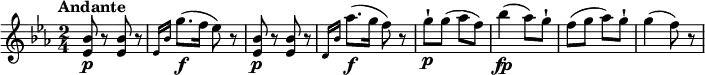 \relative c' {
\version "2.18.2"
\clef "treble"
\tempo "Andante"
\key ees \major
\time 2/4
<ees bes'>8 \p r8 <ees bes'>8 r8
\grace {ees16 bes'16} g'8. \f (f16 ees8) r8
<ees, bes'>8 \p r8 <ees bes'>8 r8
\grace {d16 bes'16} aes'8. \f (g16 f8) r8
g-!\p g (aes f)
bes4\fp (aes8) g-!
f (g aes) g-!
g4 (f8) r8
}