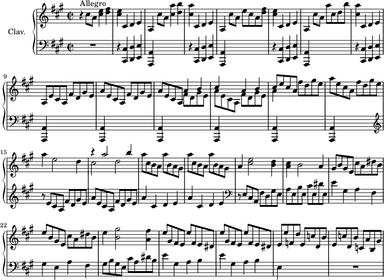 \version "2.18.2"
\header {
  tagline = ##f
}
upper = \relative c'' {
  \clef treble 
  \key a \major
  \time 2/2
  \tempo 2 = 98
  \set Staff.midiInstrument = #"harpsichord"
     r4^\markup{Allegro} cis8 a < cis e >4 < d fis > | < cis e > cis, d e | a, cis'8 a < cis a' >4 < d b' > | < cis a' > cis, d e | a, cis'8 a e' cis a < d fis >
     % ms. 6
     < cis e >4 cis, d e | a, cis'8 a a' cis, d b' | < cis, a' >4 cis, d e | a,8 e' cis a  fis' d gis e | a e cis a  fis' d gis e |
     % ms. 11
     a8 e cis a << { a'4 b | cis s4 a b | cis8 e cis a } \\ { fis8 d gis e |  a e cis a fis' d gis e | a4 } >> fis'8 d gis e | a e cis a  fis' d gis e | 
     % ms. 15
     a4 e2 d4 | << { r4 a'2 b4 } \\ { cis,2 d } >> \repeat unfold 2 { a'8 cis, b a  a' b, a gis } |
     % ms. 19
     a4 < cis e >2 < b d >4 | < a cis >4 b2 a4 | gis8 b gis e  cis' a dis b | e b gis e  cis' a dis b | 
     % ms. 23
     e4 < b gis' >2 < a fis' >4 | \repeat unfold 2 { e'8 gis, fis e  e' fis, e dis } e e' f, d' e, c' d, b' | 
     % ms. 27
     e, c' d, b' c, a' b, gis'
}
lower = \relative c {
  \clef bass
  \key a \major
  \time 2/2
  \set Staff.midiInstrument = #"harpsichord"
    % **************************************
      R1 | \repeat unfold 4 { r4 < cis, cis' >4 < d d' > < e e' > < a, a' > s2. } | \repeat unfold 5 { < a a' >4 s2. } | 
      % ms. 15
      \clef treble  r8 e'''8 cis a fis' d gis e | a e8 cis a fis' d gis e | \repeat unfold 2 { a4 cis, d e } | 
      % ms. 19
      \clef bass r8 e,8 cis a fis' d gis e | a e b' e, cis' e, dis' e, | e'4 gis, a fis | gis e a fis | 
      % ms. 23
      gis8 b gis e cis' a dis b | e4 gis, a b | e gis, a b | e, s2. | R1
}
thePianoStaff = \new PianoStaff <<
    \set PianoStaff.instrumentName = #"Clav."
    \new Staff = "upper" \upper
    \new Staff = "lower" \lower
  >>
\score {
  \keepWithTag #'print \thePianoStaff
  \layout {
      #(layout-set-staff-size 17)
    \context {
      \Score
     \override SpacingSpanner.common-shortest-duration = #(ly:make-moment 1/2)
      \remove "Metronome_mark_engraver"
    }
  }
}
\score {
  \keepWithTag #'midi \thePianoStaff
  \midi { }
}