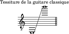 
\header {
  piece = "Tessiture de la guitare classique"
  tagline = ##f
}

\score {
  \relative c, {
    \clef "treble_8"
    \time 2/1

    e1\glissando b''''
    \bar "||"
  }
  \layout {
    \context {
      \Staff
      \remove "Time_signature_engraver"
    }
  }
  \midi {}
}
