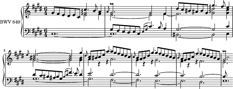 
\version "2.18.2"
\header {
  tagline = ##f
}

%% PRÉLUDE CBT I-4, BWV 849, ut-dièse mineur

Thema = { gis8 fis e dis e cis }
Arp = { \tag #'print { cis'4.\arpeggio } \tag #'midi { << {} \\ {} \\ {} >> < gis e cis > } } 

tempoVoice =
{
    \time 6/4
    \tempo 2. = 30 s8 \tempo 2. = 40 s8*5 \tempo 2. = 25 \grace s4 \tempo 2. = 40 s2. |
    \tempo 2. = 20 \grace s8 \tempo 2. = 40 s2. \tempo 2. = 25 \grace s4 \tempo 2. = 40 s2. |
    \tempo 2. = 30 s8 \tempo 2. = 40 s8*5 \tempo 2. = 25 \grace s4 \tempo 2. = 40 s2. |
    \tempo 2. = 20 \grace s8 \tempo 2. = 40 s2. \tempo 2. = 25 \grace s4 \tempo 2. = 40 s2. |
    \tempo 2. = 30 \grace s8 s8 \tempo 2. = 40 s8*5 \tempo 2. = 20 s8 \tempo 2. = 40 s8*5 |
    \tempo 2. = 30 \grace s8 s8 \tempo 2. = 40 s8*5 \tempo 2. = 30 s8 \tempo 2. = 40 s8*5 |
    \tempo 2. = 30 \grace s8 s8 \tempo 2. = 40 s8*5 \tempo 2. = 25 s8 \tempo 2. = 40 s8*5 |
}

arpegis = { \tag #'print { <e gis>2\arpeggio } \tag #'midi { \grace { e8~ gis~ } <e gis>2 } }
arpgisdis = { \tag #'print { <gis dis'>2\arpeggio } \tag #'midi { \grace { gis8~ dis'~ } <gis, dis'>2 } }

PrallgBp = { \tag #'print { gis2.\prall } \tag #'midi { gis16 a gis a gis2 }  }
PrallgBpfrac = { \tag #'print { gis2.*1/8~\prall } \tag #'midi { a16 gis a gis~ gis4~ }  }

upper = \relative c''
{
    \clef treble 
    \key cis \minor
    \time 6/4
    \set Staff.midiInstrument = #"harpsichord" 
    \set PianoStaff.connectArpeggios = ##t
    \set tieWaitForNote = ##t

   << {
      \Thema cis'4.\arpeggio b8 a4 | \grace a8 \PrallgBp gis2 fis4 |
      dis'8 cis bis ais bis gis gis'4.\arpeggio fis8 e4 |
      \grace e8 dis2.~ dis2 gis4 | \grace dis8 cis8 bis cis e a4~ a8 gis fis e dis cis |
      \grace cis8 b8 a b dis gis4~ gis8 fis e dis cis b |
      \grace b8 a8 gis a cis fis4~ fis8 e dis cis b a \PrallgBpfrac | \hideNotes gis16
    } \\ {
      s2. \arpegis fis4 | e2.~ e2 fis4~ | fis2. \arpgisdis < cis gis >4 |
      < bis gis >2.~ q2 q4 | a4 r4 r4 a2. | gis4 r4 r4 gis2. | fis4 r4 r4 fis2. | e2.*1/4
    } >>
}

lower = \relative c
{
    \clef bass 
    \key cis \minor
    \time 6/4
    \set Staff.midiInstrument = #"harpsichord" 

    << {
      s1. | \relative c' { \Thema } \grace { e8^( gis } cis4.) b8 a4 | gis2.~ gis2 cis4 |
      dis8 cis bis ais bis gis \grace { bis8^( dis } fis4.) e8 dis4 | e2. dis2.~ |
      dis cis~ | cis b~ | b8
    } \\ {
      cis,1.~ | cis | bis2.~ bis2 cis4 | gis'1.~ | gis2. fis~ | fis e~ | e dis | e1.*1/8
    } >>
} 

thePianoStaff =  \new PianoStaff <<
    \set PianoStaff.instrumentName = #"BWV 849"
    \new Staff = "upper" <<
      \new NullVoice { \tempoVoice }
      \new Voice { \upper }
    >>
    \new Staff = "lower" \lower
  >>

\score {
  \keepWithTag #'print \thePianoStaff
  \layout {
    \context {
      \Score
      \remove "Metronome_mark_engraver"
    }
  }
}
\score {
  \keepWithTag #'midi \thePianoStaff
  \midi { }
}
