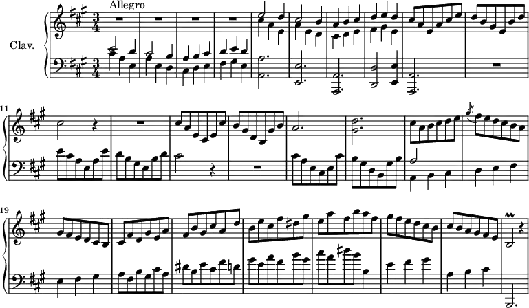 
\version "2.18.2"
\header {
  tagline = ##f
  % composer = "Domenico Scarlatti"
  % opus = "K. 500"
  % meter = "Allegro"
}

%% les petites notes
trillBb     = { \tag #'print { b2\prall } \tag #'midi { cis16 b cis b~ b4 } }

upper = \relative c'' {
  \clef treble 
  \key a \major
  \time 3/4
  \tempo 4 = 162

      s8*0^\markup{Allegro}
      R2.*4 | << { e2 d4 | cis2 b4 | a4 b cis | d e d } 
       \\ { cis4 a e | a e d | cis d e | fis gis e } >>
      % ms. 9
      cis'8 a e a cis e | d b gis e b' d | cis2 r4 | R2. |
      % ms. 13
      cis8 a e cis e cis' | b gis d b gis' b | a2. | < gis d' > | cis8 a b cis d e |
      % ms. 18
      \acciaccatura gis8 fis8 e d cis b a | gis fis e d cis b | cis fis d gis e a | fis b gis cis a d | b e cis fis dis gis |
      % ms. 23
      e8 a fis b a fis | gis fis e d cis b | cis b a gis fis e | \trillBb r4 |
      % ms. 28
      
      % ms. 33
      
      % ms. 38
      

}

lower = \relative c' {
  \clef bass
  \key a \major
  \time 3/4

    % ************************************** \appoggiatura a16  \repeat unfold 2 {  } \times 2/3 { }   \omit TupletNumber 
      << { e2 d4 | cis2 b4 | a4 b cis | d e d } 
       \\ { cis4 a e | a e d | cis d e | fis gis e } >> |
      < a, a' >2. | < e e' >
      % ms. 7
      < a, a' >2. | < d d' >2 < e e' >4 | < a, a' >2. | R2. | e'''8 cis a e a e' | d b gis e b' d |
      % ms. 13
      cis2 r4 | R2. | cis8 a e cis e cis' | b gis d b gis' b | << { a2 } \\ { a,4 b cis } >>
      % ms. 18
      d4 e fis | e fis gis | a8 fis b gis cis a | dis b e cis fis d! | gis e a fis b gis |
      % ms. 23
      cis8 a dis b b,4 | e fis gis | a, b cis | b,,2. 
      % ms. 28
      
      % ms. 33
      
      % ms. 38
      

}

thePianoStaff = \new PianoStaff <<
    \set PianoStaff.instrumentName = #"Clav."
    \new Staff = "upper" \upper
    \new Staff = "lower" \lower
  >>

\score {
  \keepWithTag #'print \thePianoStaff
  \layout {
      #(layout-set-staff-size 17)
    \context {
      \Score
     \override TupletBracket.bracket-visibility = ##f
     \override SpacingSpanner.common-shortest-duration = #(ly:make-moment 1/2)
      \remove "Metronome_mark_engraver"
    }
  }
}

\score {
  \keepWithTag #'midi \thePianoStaff
  \midi { \set Staff.midiInstrument = #"harpsichord" }
}
