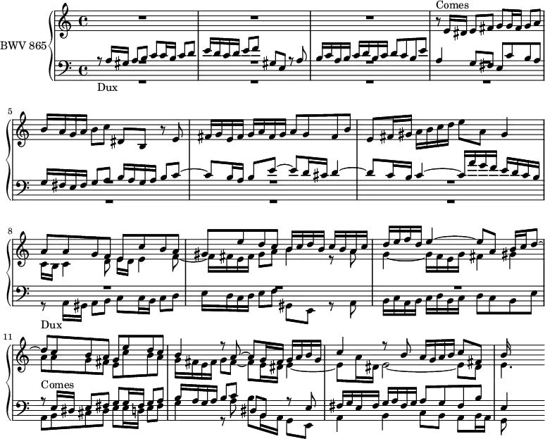 \version "2.18.2"
\header {
tagline = ##f
}
DuxNotes = \relative { r8 a16 gis a8 b c c16 b c8 d e16 d c d e8 f gis,8 e r8 a8 b16 c a b c16 d b c d8 c b e }
Dux = { s4*0_\markup{Dux} \DuxNotes }
Comes = { s4*0^\markup{Comes} \transpose a e' \DuxNotes }
% Comes = \transpose a e' \Dux
% Comes = { r8^\markup{Comes} e16 d e8 fis g g16 f g8 a b16 a g a b8 c dis, b r8 e8 fis16 g e fis g a fis g a8 g fis b }
upper = %\relative c'
{
\clef treble
\key a \minor
\time 4/4
\tempo 4 = 63
\set Staff.midiInstrument = #"harpsichord"
%% FUGUE CBT I-20, BWV 847, la mineur
R1*3 \Comes \relative { e'8 fis16 gis a b c d e8 a, gis4 } |
<< { \relative { a'8 a g f e c' b a | gis e' d c b16 c d b c b a c | d e f d e4~ e8 a, b16 c d8~ | d c b a g e' d c | b4 r8 a8~ a g16 fis g a b g | c4 r8 b8 a16 g a b c8 fis, b16 } } \\ { \relative { c'16 b c4 d8 e16 d e4 f8~ f16 fis e fis gis8 a b4 r8 a8 | g4~ g16 f e g fis4 gis | a8 a g fis e c' b a | g16 fis e fis g8 fis8~ fis e16 dis e4~ | e8 a16 dis, e2~ e8 dis e4. } } >>
}
lower = %\relative c'
{
\clef bass
\key a \minor
\time 4/4
\set Staff.midiInstrument = #"harpsichord"
<< { \relative c \Dux \relative { a4 g8 fis e c' b a | g16 fis e fis g8 a b16 a g a b8 c~ | c b16 a b8 e~ e d16 cis d4~ | d8 c16 b c4~ c16 a' g f e d c b } } \\ { R1*7 \transpose c c, { \Dux } \relative { a,8 b cis dis e e16 d e8 fis g4 r8 a8 b b,16 a g8 e a4 b c8 b a b16 a | g8 } } \\ { R1*10 \transpose c c, { \Comes } e4 } >> %% Merci Xavier pour le \transpose c c, !
}
\score {
\new PianoStaff <<
\set PianoStaff.instrumentName = #"BWV 865"
\new Staff = "upper" \upper
\new Staff = "lower" \lower
>>
\layout {
\context {
\Score
\remove "Metronome_mark_engraver"
\override SpacingSpanner.common-shortest-duration = #(ly:make-moment 1/2)
}
}
\midi { }
}