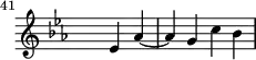 \version "2.18.2"
\header {
tagline = ##f
}
\score {
\new Staff \with {
\remove "Time_signature_engraver"
fontSize = #-1
}
<<
\relative c' {
\key ees \major
\time 4/4
\set Score.currentBarNumber = #41
%\context Score \applyContext #(set-bar-number-visibility 4)
\bar ""
%% SUJET PRÉLUDE CBT I-7, BWV 852, mi-bémol majeur
s2 ees4 aes4~ aes4 g c bes
}
>>
\layout {
indent = #0
\context { \Score \remove "Metronome_mark_engraver"
\consists "Horizontal_bracket_engraver"
}
}
\midi {}
}