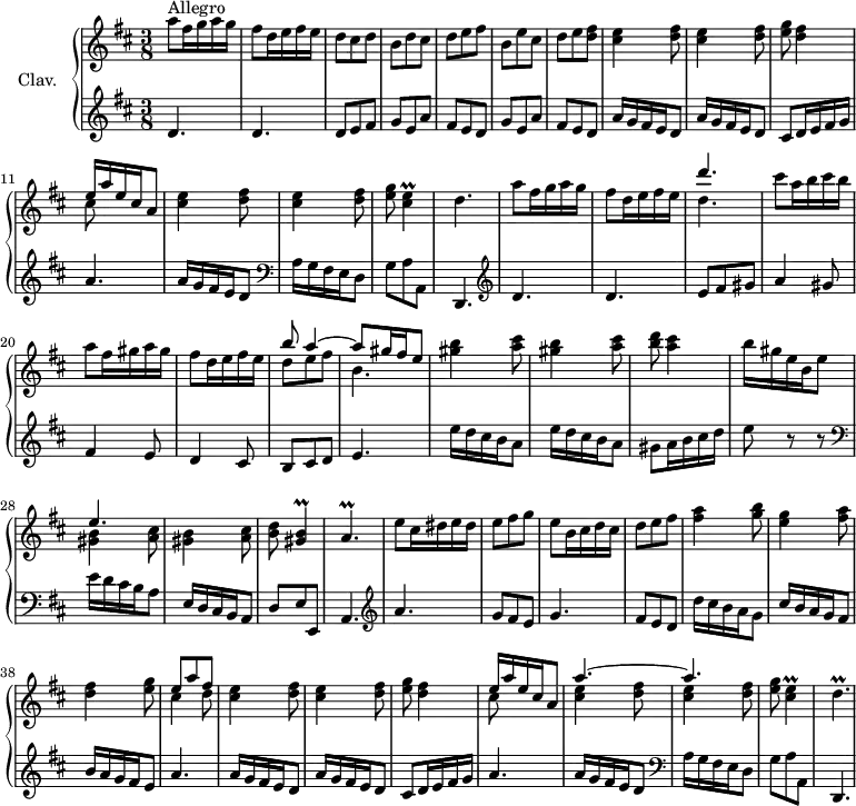 \version "2.18.2"
\header {
tagline = ##f
% composer = "Domenico Scarlatti"
% opus = "K. 288"
% meter = "Allegro"
}
%% les petites notes
trillCisE = { \tag #'print { < cis e >4\prall } \tag #'midi { << { cis4 } \\ { fis32 e fis e~ e8 } >> } }
trillGisB = { \tag #'print { < gis b >4\prall } \tag #'midi { << { gis4 } \\ { cis32 b cis b~ b8 } >> } }
trillAp = { \tag #'print { a4.\prall } \tag #'midi { b32 a b a~ a4 } }
trillDp = { \tag #'print { d4.\prall } \tag #'midi { e32 d e d~ d4 } }
upper = \relative c'' {
\clef treble
\key d \major
\time 3/8
\tempo 4. = 72
\set Staff.midiInstrument = #"reed organ"
\override TupletBracket.bracket-visibility = ##f
s8*0^\markup{Allegro}
a'8 fis16 g a g | fis8 d16 e fis e | d8 cis d | b d cis | d e fis | b, e cis |
% ms. 7
d8 e < d fis > | \repeat unfold 2 { < cis e >4 < d fis >8 } | < e g >8 < d fis >4 | << { e16 a e cis a8 } \\ { cis8 } >> | \repeat unfold 2 { < cis e >4 < d fis >8 } |
% ms. 14
< e g >8 \trillCisE d4. | a'8 fis16 g a g | fis8 d16 e fis e | << { d'4. } \\ { d,4. } >> | cis'8 a16 b cis b |
% ms. 20
a8 fis16 gis a gis | fis8 d16 e fis e | << { b'8 a4~ | a8 gis16 fis e8 } \\ { d8 e fis | b,4. } >> \repeat unfold 2 { < gis' b >4 < a cis >8 } |
% ms. 26
< b d >8 < a cis >4 | b16 gis e b e8 | << { e4.~ | } \\ { \repeat unfold 2 { < gis, b >4 < a cis >8 } } >> < b d >8 \trillGisB | \trillAp
% ms. 32
e'8 cis16 dis e dis | e8 fis g | e b16 cis d cis | d8 e fis | < fis a >4 < g b >8 | < e g >4 < fis a >8
% ms. 38
< d fis >4 < e g >8 | << { e8 a fis } \\ { cis4 d8 } >> | \repeat unfold 2 { < cis e >4 < d fis >8 } | < e g >8 < d fis >4 | << { e16 a e cis a8 a'4.~ a } \\ { cis,8 s4 | \repeat unfold 2 { < cis e >4 < d fis >8 } } >> |
% ms. 46
< e g >8 \trillCisE | \trillDp
}
lower = \relative c' {
\clef bass
\key d \major
\time 3/8
\set Staff.midiInstrument = #"flute"
\override TupletBracket.bracket-visibility = ##f
% ************************************** \appoggiatura a16 \repeat unfold 2 { } \times 2/3 { } \omit TupletNumber
\clef treble d4. d | d8 e fis | \repeat unfold 2 { g e a | fis e d } |
% ms. 8
\repeat unfold 2 { a'16 g fis e d8 } | cis8 d16 e fis g | a4. | a16 g fis e d8 | \clef bass
% ms. 13
a16 g fis e d8 | g8 a a, | d,4. | \clef treble d''4. d | e8 fis gis | a4 gis8 |
% ms. 20
fis4 e8 | d4 cis8 | b8 cis d | e4. | \repeat unfold 2 { e'16 d cis b a8 } |
% ms. 26
gis8 a16 b cis d | e8 r8 r8 | \clef bass e,16 d cis b a8 | e16 d cis b a8 | d8 e e, | a4. | \clef treble
% ms. 32
a''4. | g8 fis e | g4. | fis8 e d | d'16 cis b a g8 | cis16 b a g fis8 |
% ms. 38
b16 a g fis e8 | a4. | \repeat unfold 2 { a16 g fis e d8 } | cis8 d16 e fis g | a 4. |
% ms. 44
a16 g fis e d8 | \clef bass a16 g fis e d8 | g8 a a, | d,4. |
}
thePianoStaff = \new PianoStaff <<
\set PianoStaff.instrumentName = #"Clav."
\new Staff = "upper" \upper
\new Staff = "lower" \lower
>>
\score {
\keepWithTag #'print \thePianoStaff
\layout {
#(layout-set-staff-size 17)
\context {
\Score
\override SpacingSpanner.common-shortest-duration = #(ly:make-moment 1/2)
\remove "Metronome_mark_engraver"
}
}
}
\score {
\keepWithTag #'midi \thePianoStaff
\midi { }
}