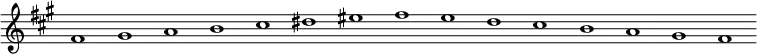 \new Staff {
  \relative c' {
    \key fis \minor
    \override Staff.TimeSignature #'stencil = ##f
    \override Staff.BarLine #'stencil = ##f
     fis1 gis a b cis dis eis fis e d cis b a gis fis
  }
}
\midi {
  \context {
    \Score
    tempoWholesPerMinute = #(ly:make-moment 120 1)
  }
}