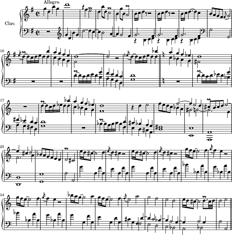 \version "2.18.2"
\header {
tagline = ##f
% composer = "Domenico Scarlatti"
% opus = "K. 539"
% meter = "Allegro"
}
%% les petites notes
trillEb = { \tag #'print { e2\prall } \tag #'midi { fis16 e fis e~ e4 } }
trillCb = { \tag #'print { c2\prall } \tag #'midi { d16 c d c~ c4 } }
trillAb = { \tag #'print { a2\prall } \tag #'midi { b16 a b a~ a4 } }
trillDUpUp = { \tag #'print { d''4\prall~ } \tag #'midi { e16 d e d~ } }
trillDUp = { \tag #'print { d'4\prall~ } \tag #'midi { ees16 d ees d~ } }
trillD = { \tag #'print { d4\prall~ } \tag #'midi { e16 d e d~ } }
trillBes = { \tag #'print { bes4\prall~ } \tag #'midi { c16 bes c bes~ } }
trillCisq = { \tag #'print { cis8\prall } \tag #'midi { \times 2/3 { cis16 d cis } } }
trillDb = { \tag #'print { d2\prall } \tag #'midi { e16 d e d~ d4 } }
upper = \relative c'' {
\clef treble
\key g \major
\time 2/2
\tempo 2 = 92
\set Staff.midiInstrument = #"harpsichord"
s8*0^\markup{Allegro}
g'4 d b' g | d'1 | a4\rest fis4 \trillEb | d4 b'8 d, \trillCb | b4 g'8 b, \trillAb
% ms. 6
\repeat unfold 2 { b16 c d4 r8 r2 } | b16 c d4.~ d4 c | b8 a g fis \appoggiatura fis8 g2 | \acciaccatura e'8 \trillD d16 c d e d4
% ms. 10 fin…
<< { b'4 | a g fis e | d1~ | d2 } \\ { d4 | c b a g | fis2 } >> r2 | \acciaccatura ees'8 d4~ d16 c d ees d4 << { bes'4 } \\ { d,4 } >> \key c \major
% ms. 16
<< { a' g f ees | d1 } \\ { c4 bes a g | fis2 } >> R1 | \trillDUp d16 c d ees d4 << { bes'4 | a g f ees | d1 } \\ { d4 | c bes a g | f1 } >>
% ms. 21
r4 d'4 e2 | f8 e d c << { f2~ | f4 e2 d4 | \trillCisq b8 cis d e2~ | e4 cis d2 } \\ { bes4 a | gis2 g2~ | g2. e4 | f2. a4 } >>
% ms. 26
bes8 a g f e4 d | \trillDb cis2 | \repeat unfold 2 { e'16 d cis8~ cis2 d4 | \acciaccatura e8 d4 cis r2 } |
% ms. 32
\repeat unfold 2 { g'16 f e8~ e2 f4 | \acciaccatura g8 f4 e r2 } | bes'16 a g8~ g2 a4 |
% ms. 37
g16 f e8~ e2 f4 | \acciaccatura f8 e2 a | g f e d | e16 d cis8~ cis2 d8.\prall cis32 d | d2 e
}
lower = \relative c' {
\clef bass
\key g \major
\time 2/2
\set Staff.midiInstrument = #"harpsichord"
% ************************************** \appoggiatura a16 \repeat unfold 2 { } \times 2/3 { } \omit TupletNumber
R1 | \clef treble g'4 d b' g | d'2~ d4 c~ | c b2 a4~ | a g2 fis4 |
% ms. 6
\repeat unfold 3 { << { g2. fis4 } \\ { r4 b,4 c d } >> } \clef bass | g,2 g, | R1*2
% ms. 12
\trillDUpUp d16 c d e d4 << { g4 fis e d c | d1 } \\ { b4 | a g fis d | g1 } >> \bar "||" \key c \major R1 |
% ms. 16
\trillDUp d16 c d ees d4 << { g4 fis ees d c | d1 } \\ { bes4 | a g fis d | g1 } >> | R1 | \trillBes bes16 a bes c bes4
% ms. 20 fin…
<< { d4 | cis bes a g | fis1 } \\ { f4 | e d cis a | d1 } >> | < e, e' >1 < a, a' > < d d' >
% ms. 26
< g g' >1 | a'2 a, | \repeat unfold 2 { g''4 a, f' a, | e' a, f' a, }
% ms. 32
\repeat unfold 2 { bes'4 bes, a' bes, | g' bes, a' bes, } | g' g, f' g, |
% ms. 37
e'4 g, d' g, | cis g << { f4 d'~ | d c2 bes4~ | bes a2 g4~ | g a2 g4 } \\ { f2 | e d c bes | a bes } >> a'2 a, \bar "||"
}
thePianoStaff = \new PianoStaff <<
\set PianoStaff.instrumentName = #"Clav."
\new Staff = "upper" \upper
\new Staff = "lower" \lower
>>
\score {
\keepWithTag #'print \thePianoStaff
\layout {
#(layout-set-staff-size 17)
\context {
\Score
\override TupletBracket.bracket-visibility = ##f
\override SpacingSpanner.common-shortest-duration = #(ly:make-moment 1/2)
\remove "Metronome_mark_engraver"
}
}
}
\score {
\keepWithTag #'midi \thePianoStaff
\midi { }
}
