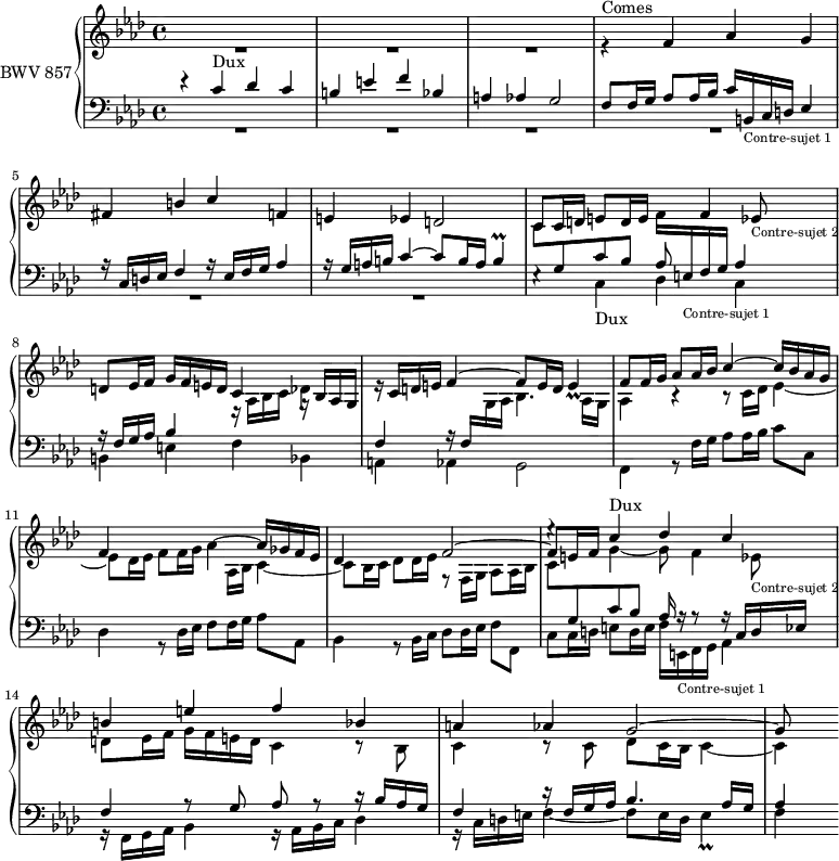 \version "2.18.2"
\header {
tagline = ##f
}
Prallbq = { \tag #'print { b4\prall } \tag #'midi { \times 2/3 { c32 b c } b16~ b8 } }
Dux = { e4\rest c4-\markup{Dux} des c b e f bes, a aes g2~ }
Comes = { r4^\markup{ Comes} f4 aes g fis b c f, e ees d2 }
ContreSujetA = { b16_\markup{\tiny "Contre-sujet 1"} c d ees4 r16 c16 d ees f4 r16 ees16 f g aes4 r16 g16 a b c4~ c8 b16 a \Prallbq }
% le même avec *changement de portée*
ContreSujetAa = { \stemUp \change Staff = "lower" b16_\markup{\tiny "Contre-sujet 1"} c d ees4 e16\rest c16 d ees f4 \stemDown \change Staff = "upper" r16 ees16 f g aes4 \stemUp r16 g16 a b c4^~ c8 b16 a \Prallbq }
ContreSujetB = { ees8_\markup{\tiny "Contre-sujet 2"} d ees16 f g f e d c4 g16\rest bes16 aes g \stemUp \change Staff = "lower" f4 r16 f16 \stemDown \change Staff = "upper" g aes bes4. aes16 g aes4 }
% le même avec *changement de portée*
ContreSujetBb = { ees8_\markup{\tiny "Contre-sujet 2"} d ees16 f g f e d c4 \stemUp \change Staff = "lower" c16\rest bes16 aes g f4 d'16\rest f,16 g aes bes4. aes16 g aes4 }
upper = \relative c'' {
\clef treble
\key f \minor
\time 4/4
\tempo 4 = 56
\set Staff.midiInstrument = #"harpsichord"
%% FUGUE CBT I-12, BWV 857, fa mineur
<< { s1*12 \Dux g8 } \\ { R1*3 \stemUp \Comes c8 c16 d e8 d16 e \stemDown f \transpose b e \relative c' { \ContreSujetAa } f8 f16 g aes8 aes16 bes c4^~ c16 bes aes g | f4 } \\ { s1*6 s2 s8 \relative c' { f4 \ContreSujetB } b,4\rest b8\rest \stemDown c16 des ees4_~ | ees8 des16 ees f8 f16 g aes4~ \stemUp aes16 ges f ees | des4 s4 f2~ f8 e16 f \stemDown g4_~ g8 f4 \ContreSujetBb } >>
}
lower = \relative c' {
\clef bass
\key f \minor
\time 4/4
\set Staff.midiInstrument = #"harpsichord"
<< { \Dux f8 f16 g aes8 aes16 bes c \relative c { \ContreSujetA } \stemDown \change Staff = "upper" c8 \stemUp \change Staff = "lower" g c bes aes s4 s1*3 s2. | \stemDown \change Staff = "upper" aes16 bes c4_~ c8 bes16 c des8 des16 ees f,8\rest f16 g aes8 aes16 bes c8 \stemUp \change Staff = "lower" g c bes aes16 r16 r8 r16 c,16 d ees f4 r8 g8 aes r8 \stemDown \change Staff = "upper" c8\rest bes8 c4 c8\rest c8 des c16 bes c4_~ c4 } \\ { R1*6 \relative c { \Dux f4 r8 f'16 g aes8 aes16 bes c8 c, des4 r8 des16 ees f8 f16 g aes8 aes, bes4 r8 bes16 c des8 des16 ees f8 f, c' c16 d e8 d16 e f } \transpose b e \relative c { \ContreSujetA } f,4 } >>
}
thePianoStaff = \new PianoStaff <<
\set PianoStaff.instrumentName = #"BWV 857"
\new Staff = "upper" \upper
\new Staff = "lower" \lower
>>
\score {
\keepWithTag #'print \thePianoStaff
\layout {
\context {
\Score
\remove "Metronome_mark_engraver"
%\override SpacingSpanner.common-shortest-duration = #(ly:make-moment 1/2)
}
}
}
\score {
\keepWithTag #'midi \thePianoStaff
\midi { }
}