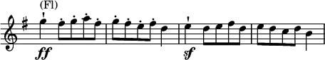 \relative c' \new Staff \with { \remove "Time_signature_engraver" } {
\key g \major \time 3/4 \set Score.tempoHideNote = ##t \tempo "" 2.=84
g''4-!\ff ^\markup (Fl) fis8-. g-. a-. fis-. g-. fis-. e-. fis-. d4 e-!\sf d8 e fis d e d c d b4
}