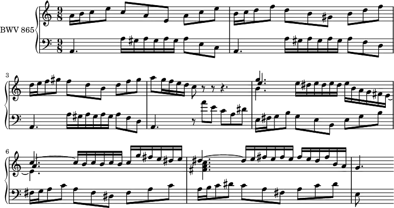 \version "2.18.2"
\header {
tagline = ##f
}
Thema = \relative { a'16 b c8 e c a e a c e | b16 c d8 f d b gis b d f | d16 e f8 gis f d b d f gis }
ThemaRep = { \transpose a e, \Thema }
upper = %\relative c''
{
\clef treble
\key a \minor
\time 9/8
\tempo 4 = 66
\set Staff.midiInstrument = #"harpsichord"
%% PRÉLUDE CBT I-20, BWV 865, la mineur
\Thema \relative c''' { a8 g16 f e d c8 r8 r8 r4. }
\relative c'' { << { g'4. s4. s4. c,4.~ \repeat unfold 3 { c16 b } c g' fis e dis e dis4.~ dis16 \repeat unfold 3 { e fis } e dis fis b, a | g4.~ } \\ { b4. \repeat unfold 3 { e16 dis } e b a g fis e~ e4. s4. s4. < c' a fis >4. } \\ { e4. s4. s4. a,4. } >> }
}
lower = %\relative c
{
\clef bass
\key a \minor
\time 9/8
\set Staff.midiInstrument = #"harpsichord"
\relative c { a4. \repeat unfold 3 { a'16 gis } a8 e c |
\repeat unfold 2 { a4. \repeat unfold 3 { a'16 gis } a8 f d } |
a4. r8 a''8 e c a dis } | \ThemaRep e8
}
\score {
\new PianoStaff <<
\set PianoStaff.instrumentName = #"BWV 865"
\new Staff = "upper" \upper
\new Staff = "lower" \lower
>>
\layout {
\context {
\Score
\remove "Metronome_mark_engraver"
%\override SpacingSpanner.common-shortest-duration = #(ly:make-moment 1/2)
}
}
\midi { }
}
