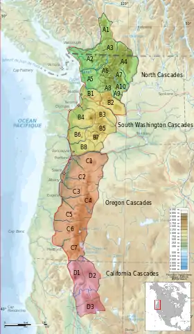 Carte des subdivisions de la chaîne des Cascades avec le chaînon Okanagan en A4 (en vert, les North Cascades)