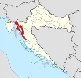 La région du littoral croate sur une carte de Croatie.