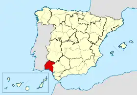 Carte des diocèses d’Espagne avec le diocèse de Huelva en rouge.