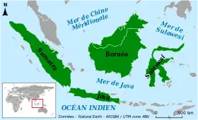 Carte de localisation des grandes îles de la Sonde (en vert).