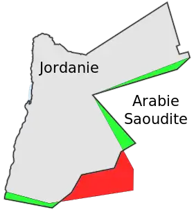 Les frontières jordaniennes avant (en rouge) et après (en vert) l'accord de 1965.