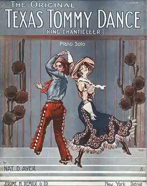 Couverture de partition musicale montrant des danseurs dansant le Texas Tommy, illustrée par Walter P. Starmer (en) (1914).