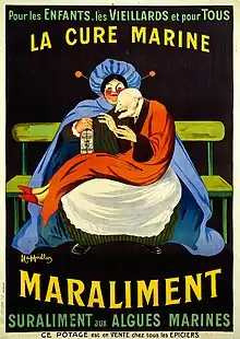 La consommation alimentaire d’algues en Europe, bien que marginale y est cependant ancienne : affiche lithographique de Leonetto Cappiello vers 1920, célébrant le « potage » Maraliment, un « suraliment aux algues marines » commercialisé à l'époque, supposé avoir des vertus curatives « pour les enfants, les vieillards et pour tous ».
