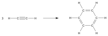 Bilan réactionnel de la trimérisation de l'acétylène ; réactif : 3 acétylène C2H2 ; produit : benzène C6H6