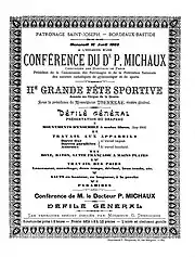 Affiche noir et blanc de la conférence du Dr&nbsp;P. Michaux à l'occasion de la 2e&nbsp;grande fête sportive donnée au cirque de la Grave.