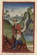 Dessin naïf d'un homme à l'avant plan d'un paysage vallonné où serpente une rivière ; l'homme, vêtu d'uun pourpoint rouge sur une chemise blanche, de chausses bleues et de chaussures noires pointues, creuse le sol rouge de la colline avec une bêche.