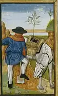 Dessin réaliste d'un homme vu de dos, avec un cheval blanc chargé d'un bât, vu de face ; l'homme vêtu d'une tunique bleue, de chausses blanches, de chaussures noires et d'un chapeau noir sur un camail orange, creuse avec une bêche un sol orange.