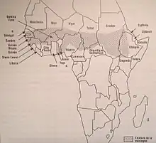 carte de l'Afrqiue comportant une bande grisée courant du Sénégal à l'ouest à l'Éthiopie à l'est et correspondant à la zone où il pleut entre 300 et 1&nbsp;100&nbsp;mm d'eau par an soit la zone où sévissent les épidémies de méningites